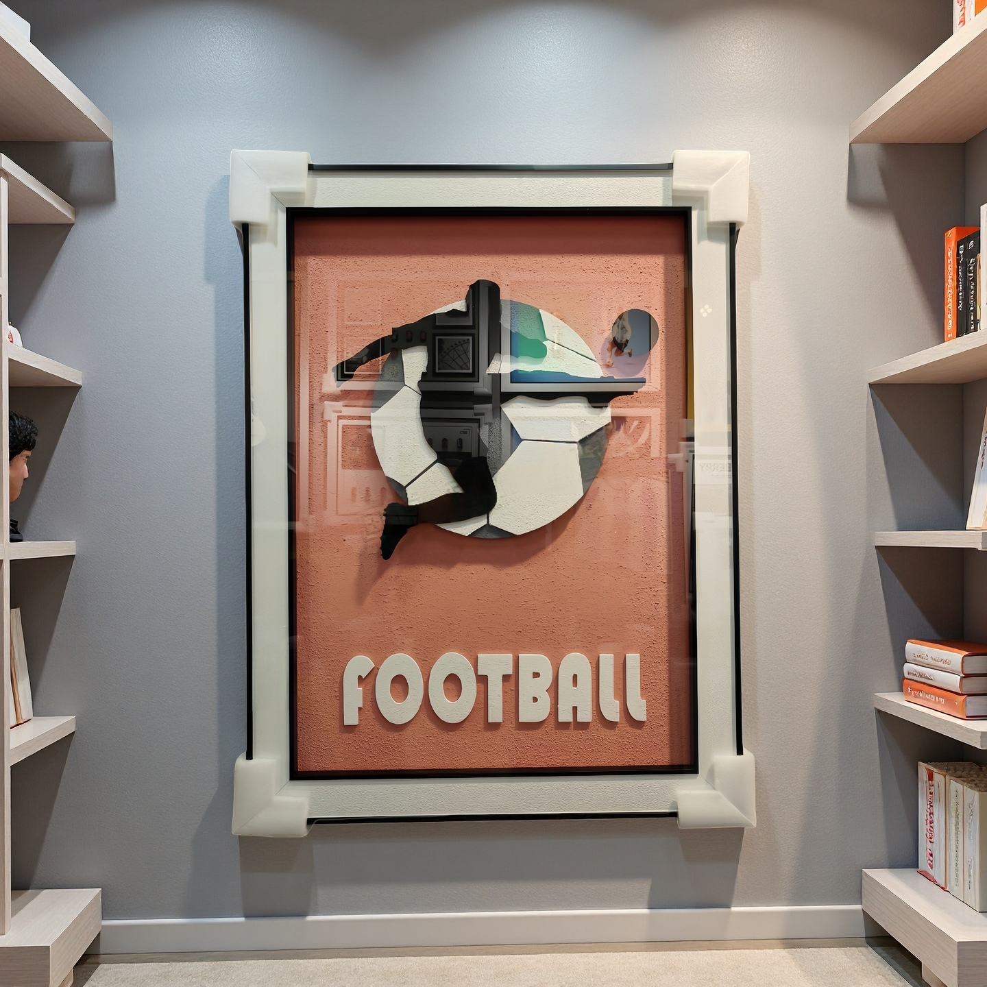 3D Football wall art with orange background, 60×80cm, wall-mounted decor