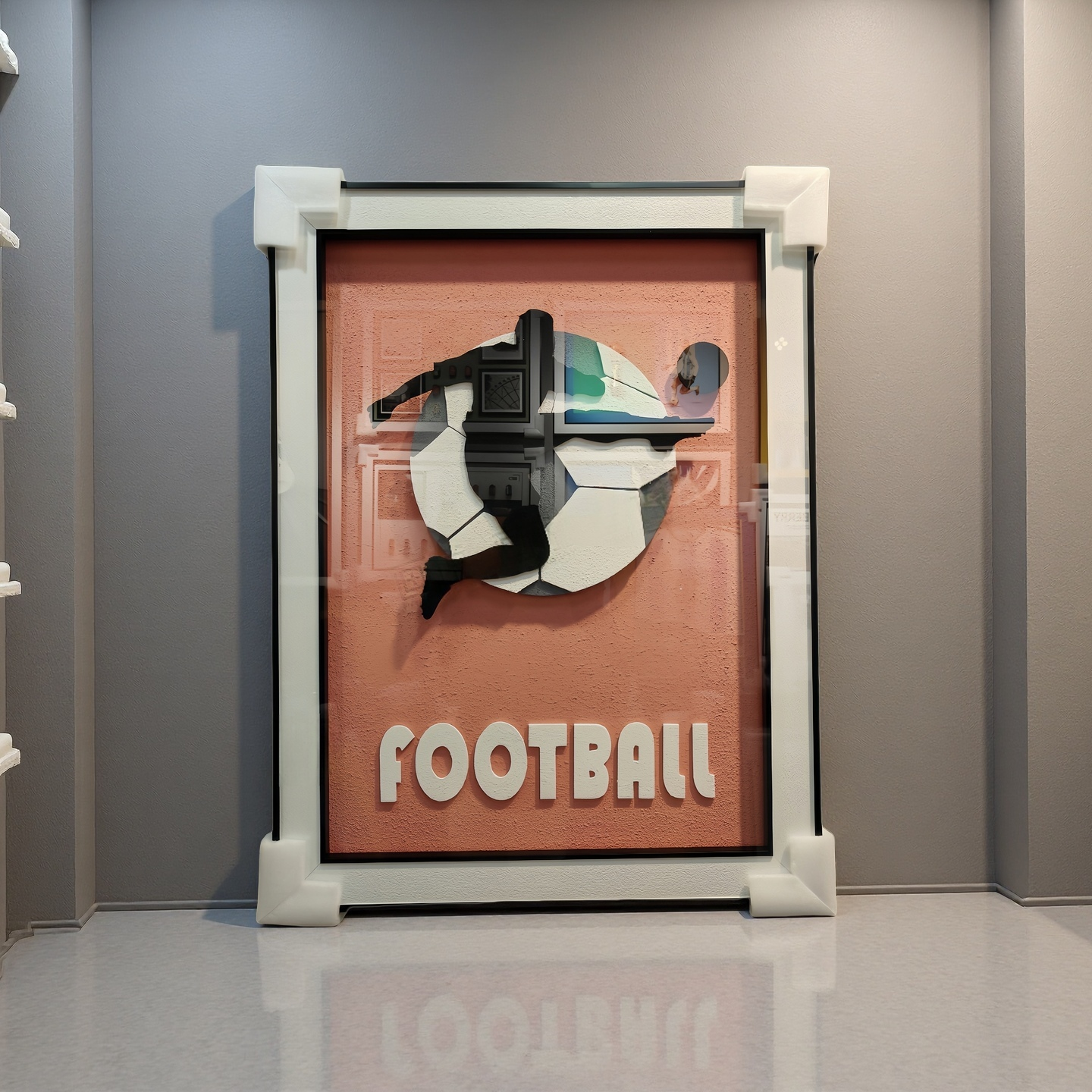 3D Football wall art with orange background, 60×80cm, wall-mounted decor