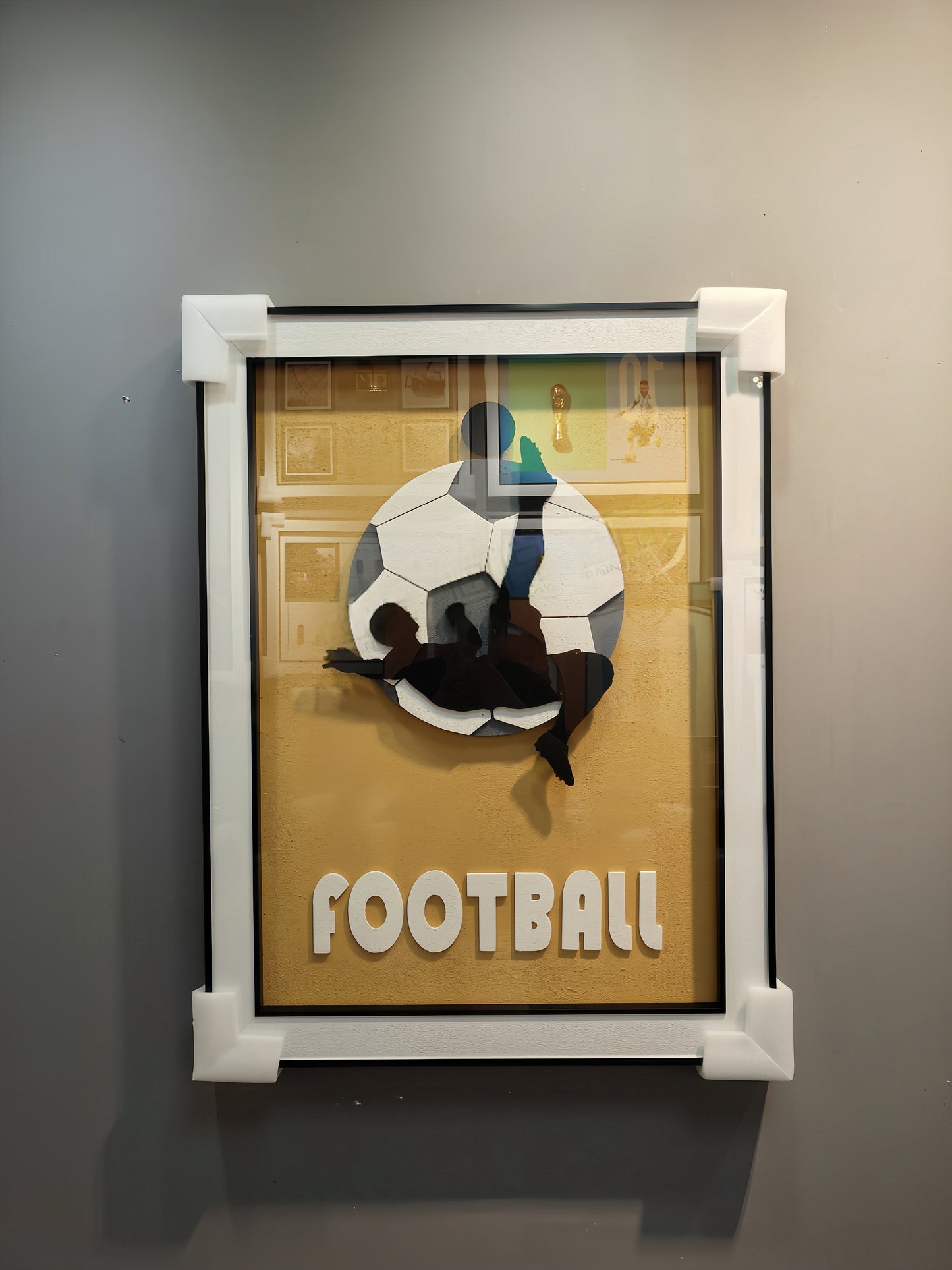 Football 3D Wall Art with yellow background, 60×80cm wall-mounted sports decor