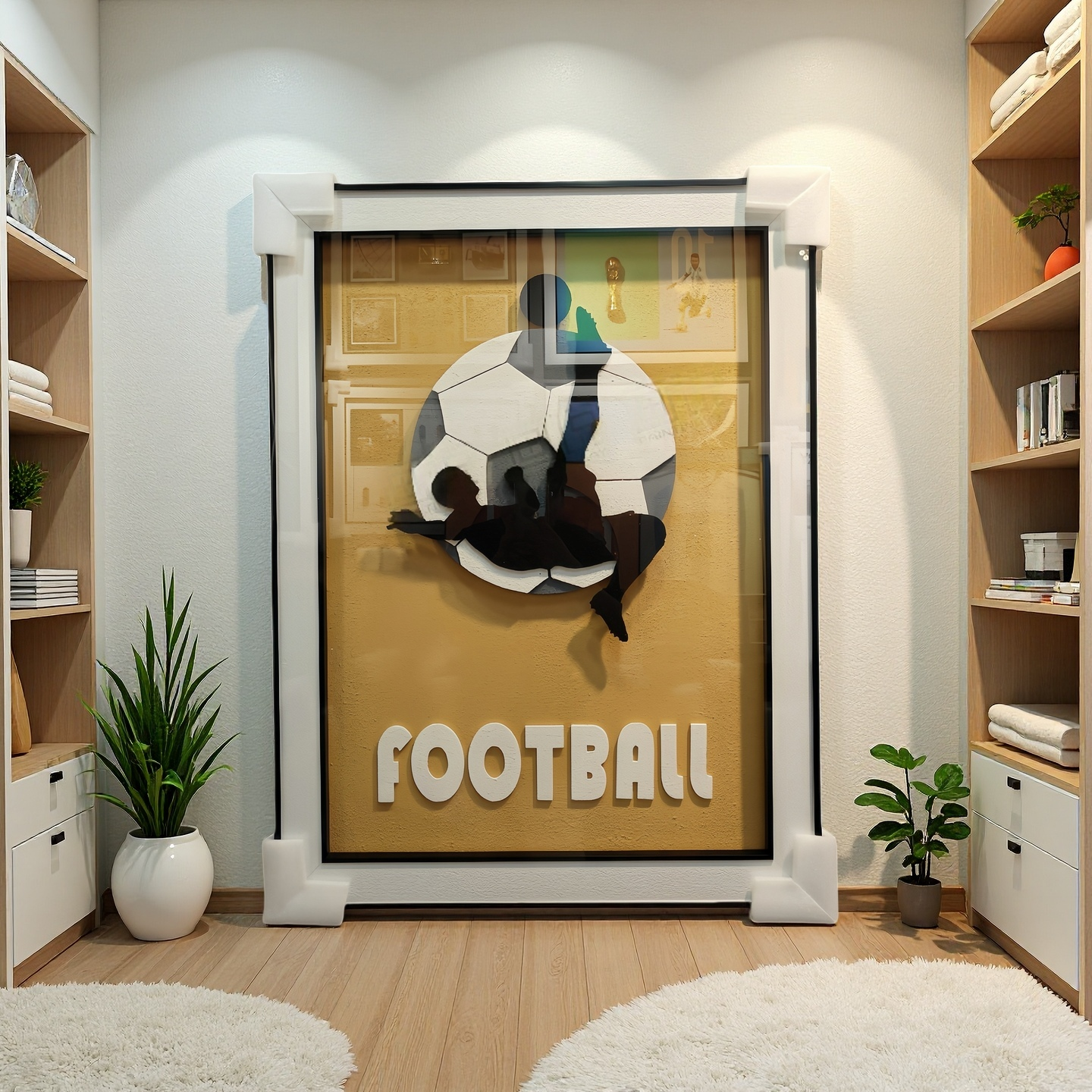 Football 3D Wall Art with yellow background, 60×80cm wall-mounted sports decor