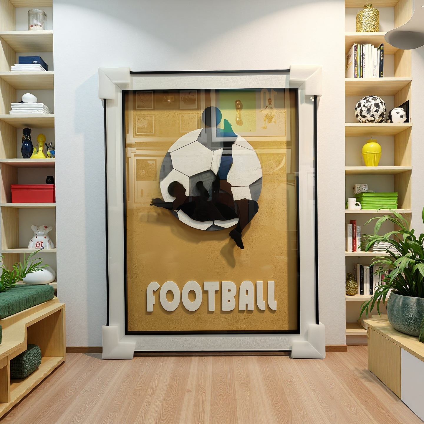 Football 3D Wall Art with yellow background, 60×80cm wall-mounted sports decor