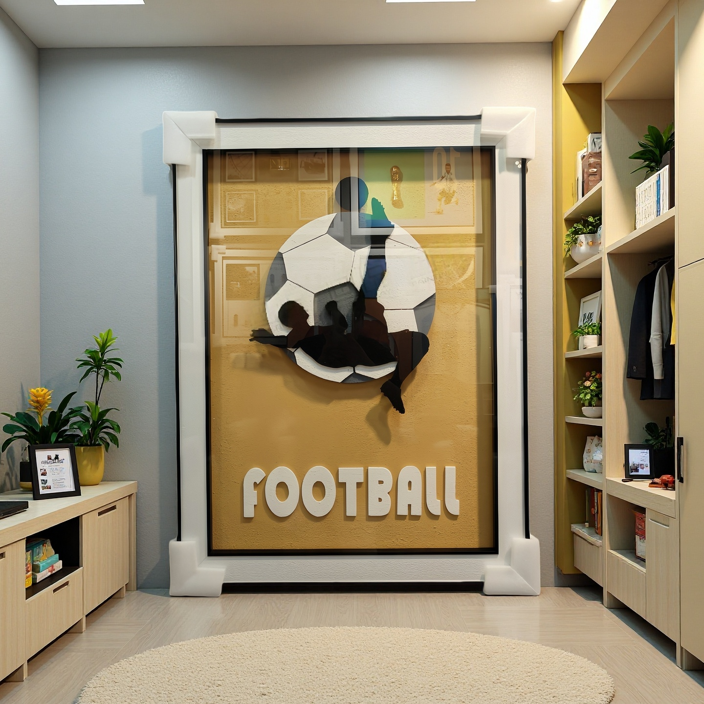 Football 3D Wall Art with yellow background, 60×80cm wall-mounted sports decor