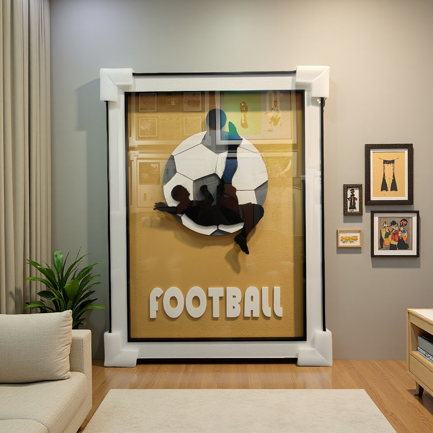 Football 3D Wall Art with yellow background, 60×80cm wall-mounted sports decor