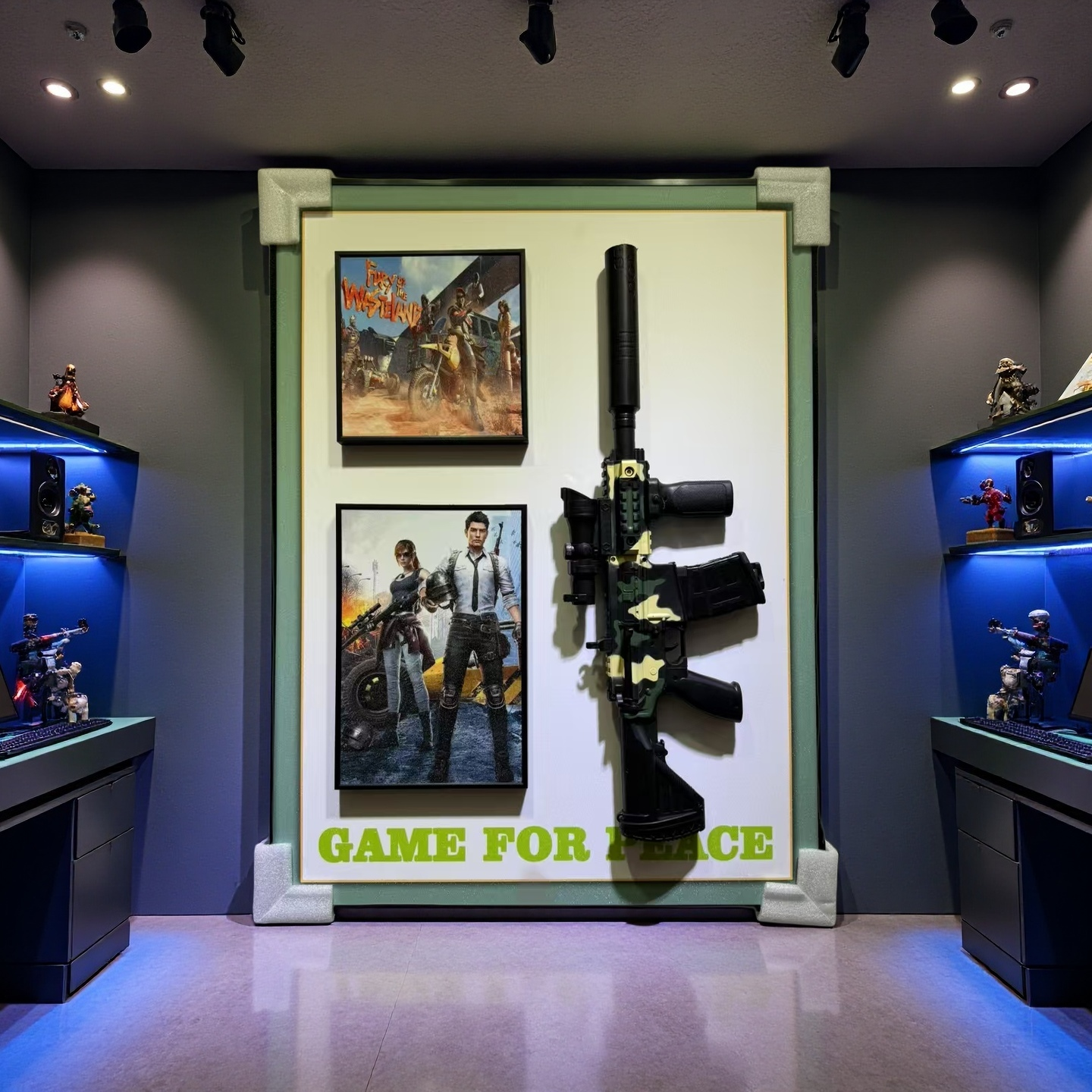 Game For Peace 3D gun wall art featuring PUBG-themed posters and camo gun display, 50×70cm for wall hanging.