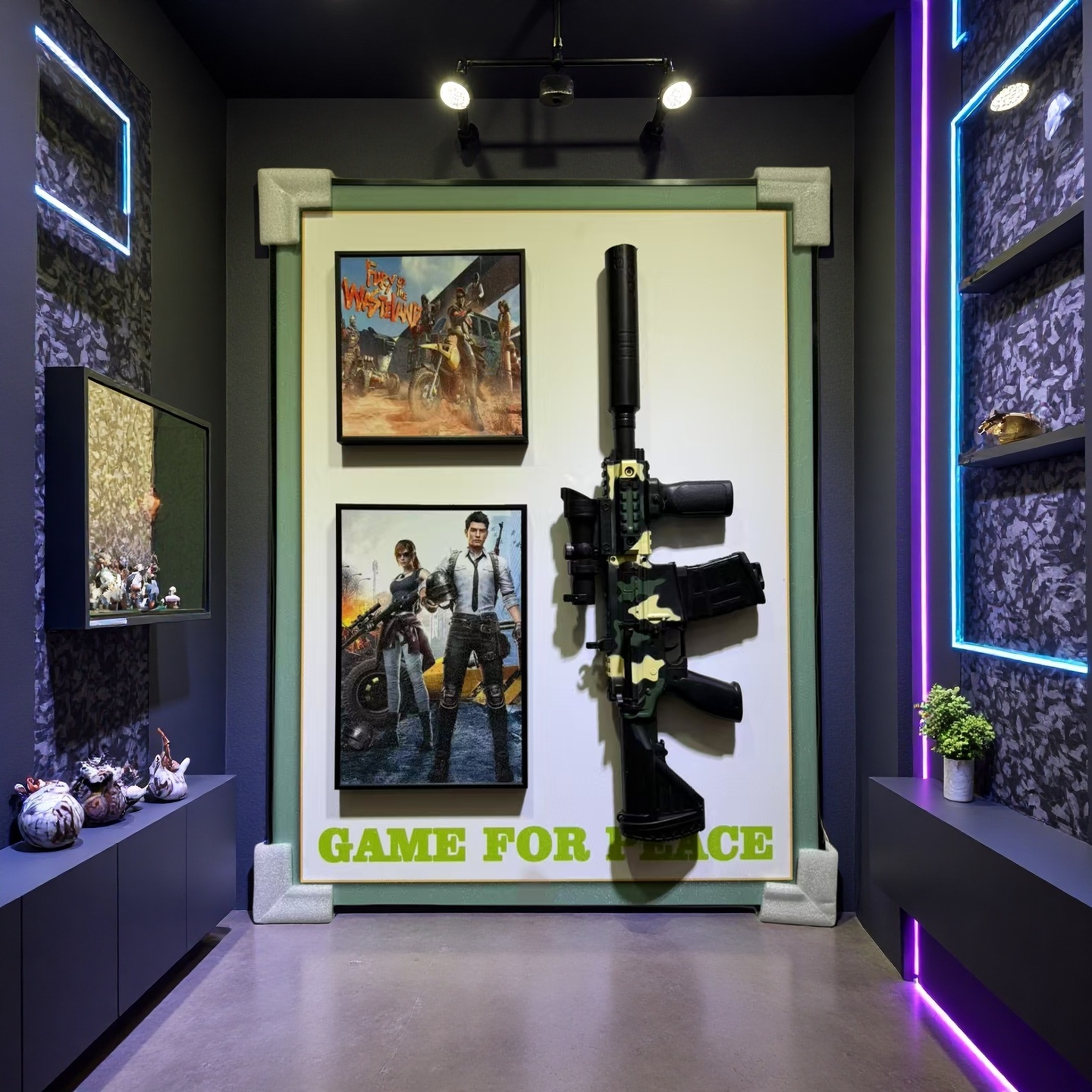 Game For Peace 3D gun wall art featuring PUBG-themed posters and camo gun display, 50×70cm for wall hanging.