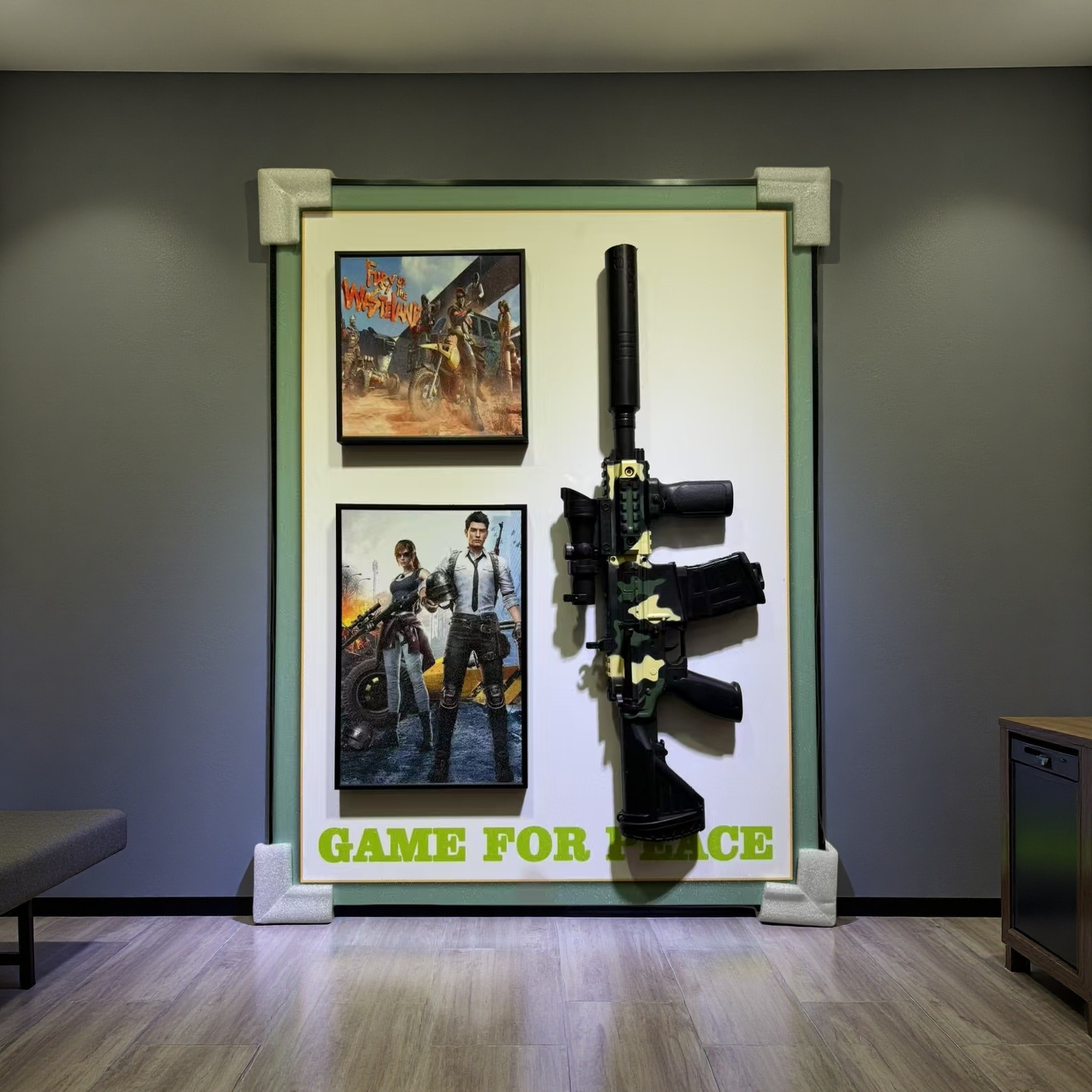 Game For Peace 3D gun wall art featuring PUBG-themed posters and camo gun display, 50×70cm for wall hanging.