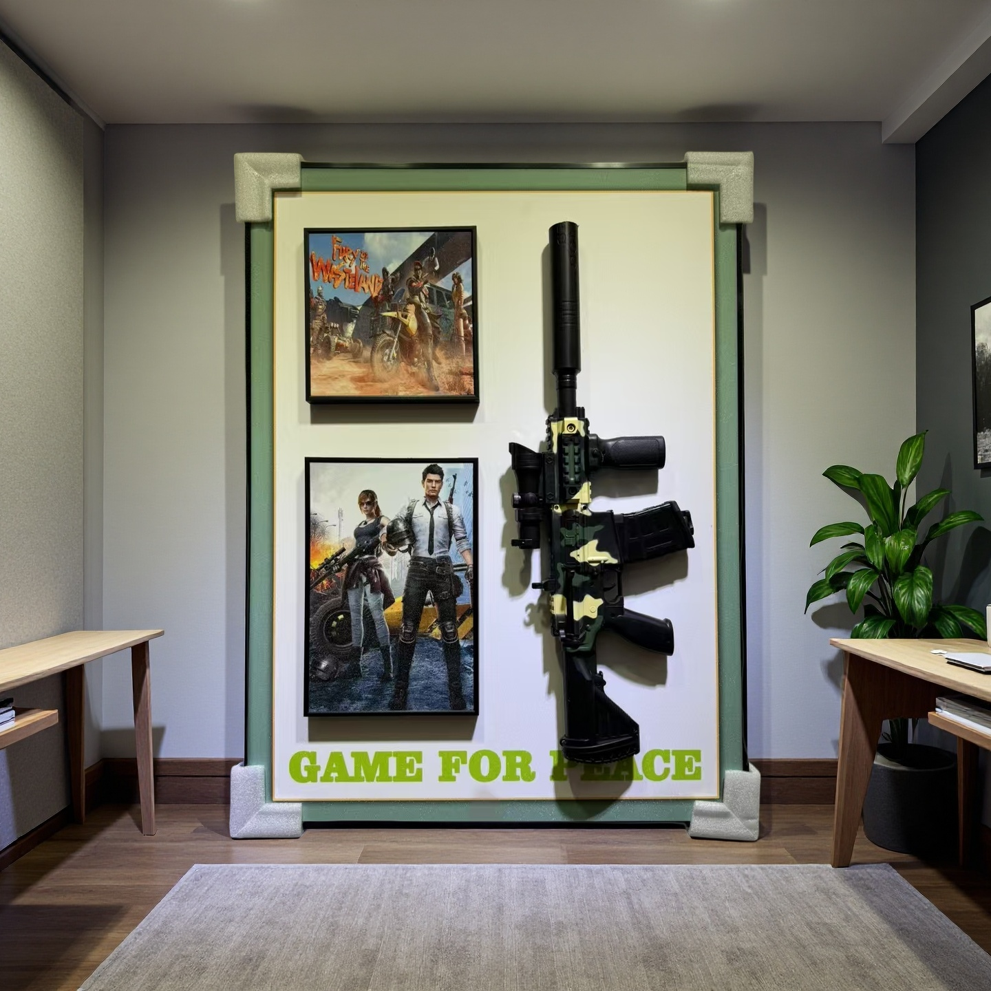 Game For Peace 3D gun wall art featuring PUBG-themed posters and camo gun display, 50×70cm for wall hanging.