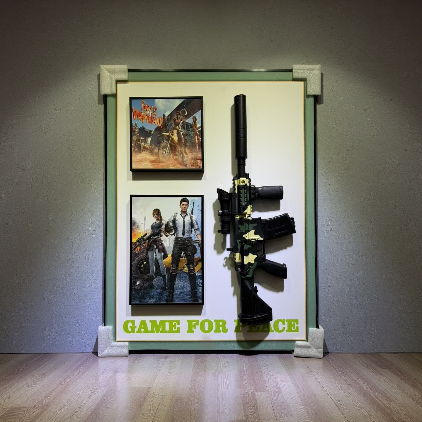 Game For Peace 3D gun wall art featuring PUBG-themed posters and camo gun display, 50×70cm for wall hanging.