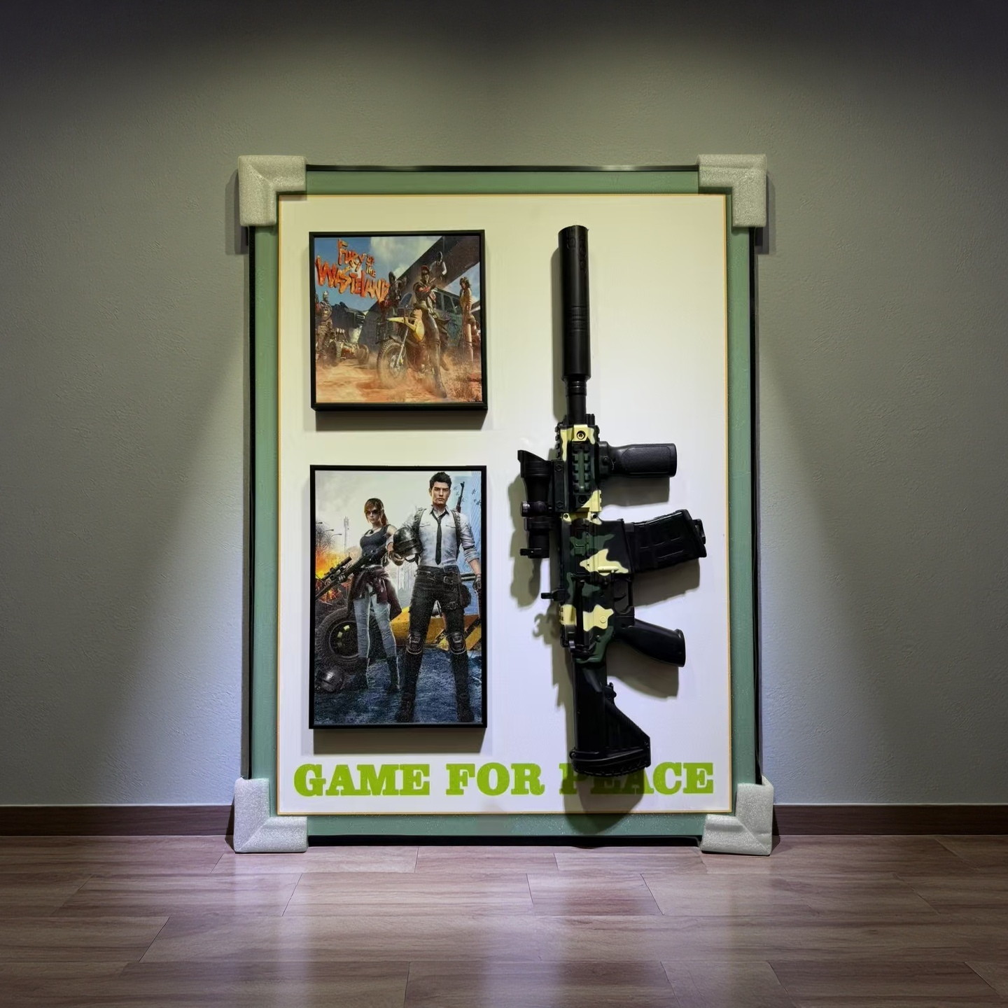 Game For Peace 3D gun wall art featuring PUBG-themed posters and camo gun display, 50×70cm for wall hanging.