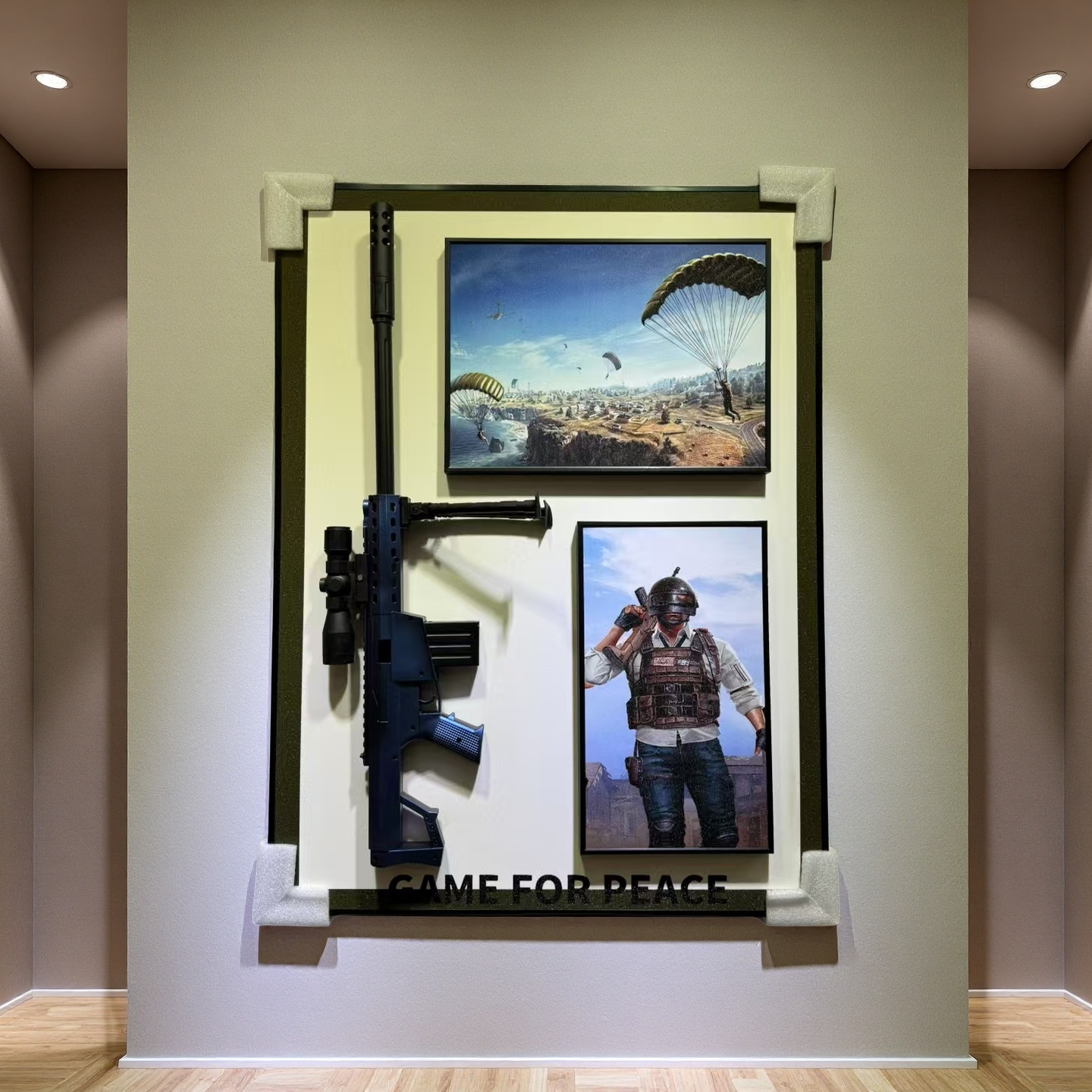 Game for Peace 3D wall art with parachute landing scene, character print, and realistic 3D gun on white board, 50×70cm wall-mounted