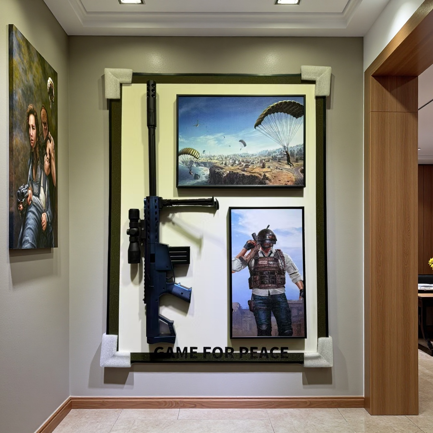 Game for Peace 3D wall art with parachute landing scene, character print, and realistic 3D gun on white board, 50×70cm wall-mounted