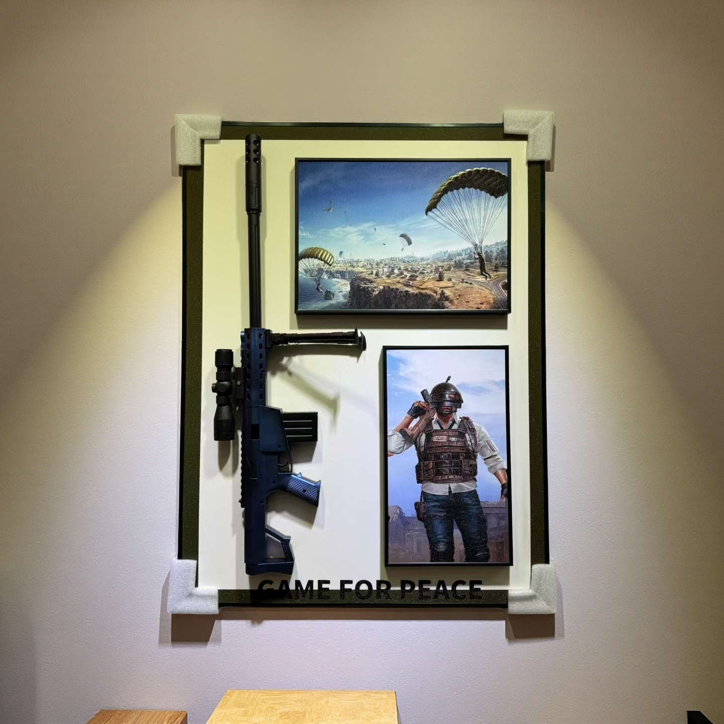 Game for Peace 3D wall art with parachute landing scene, character print, and realistic 3D gun on white board, 50×70cm wall-mounted