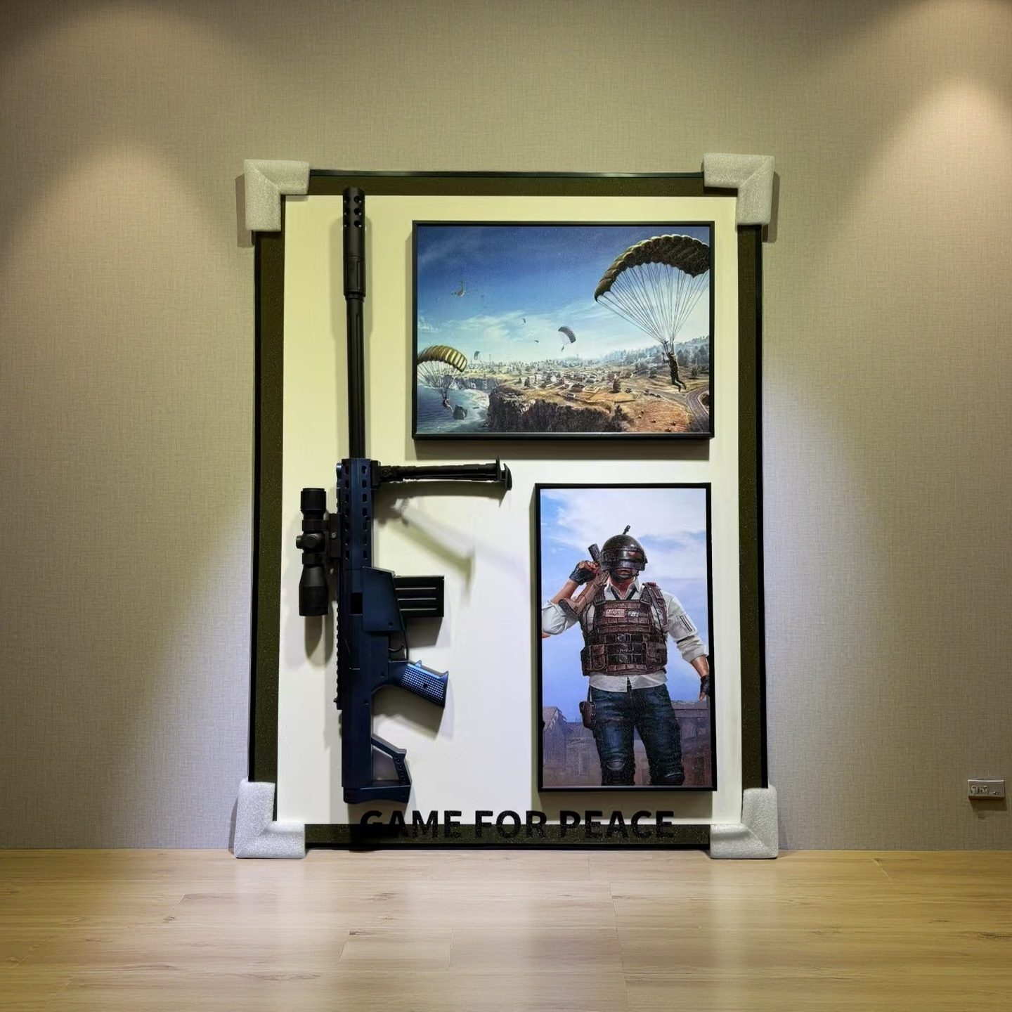 Game for Peace 3D wall art with parachute landing scene, character print, and realistic 3D gun on white board, 50×70cm wall-mounted