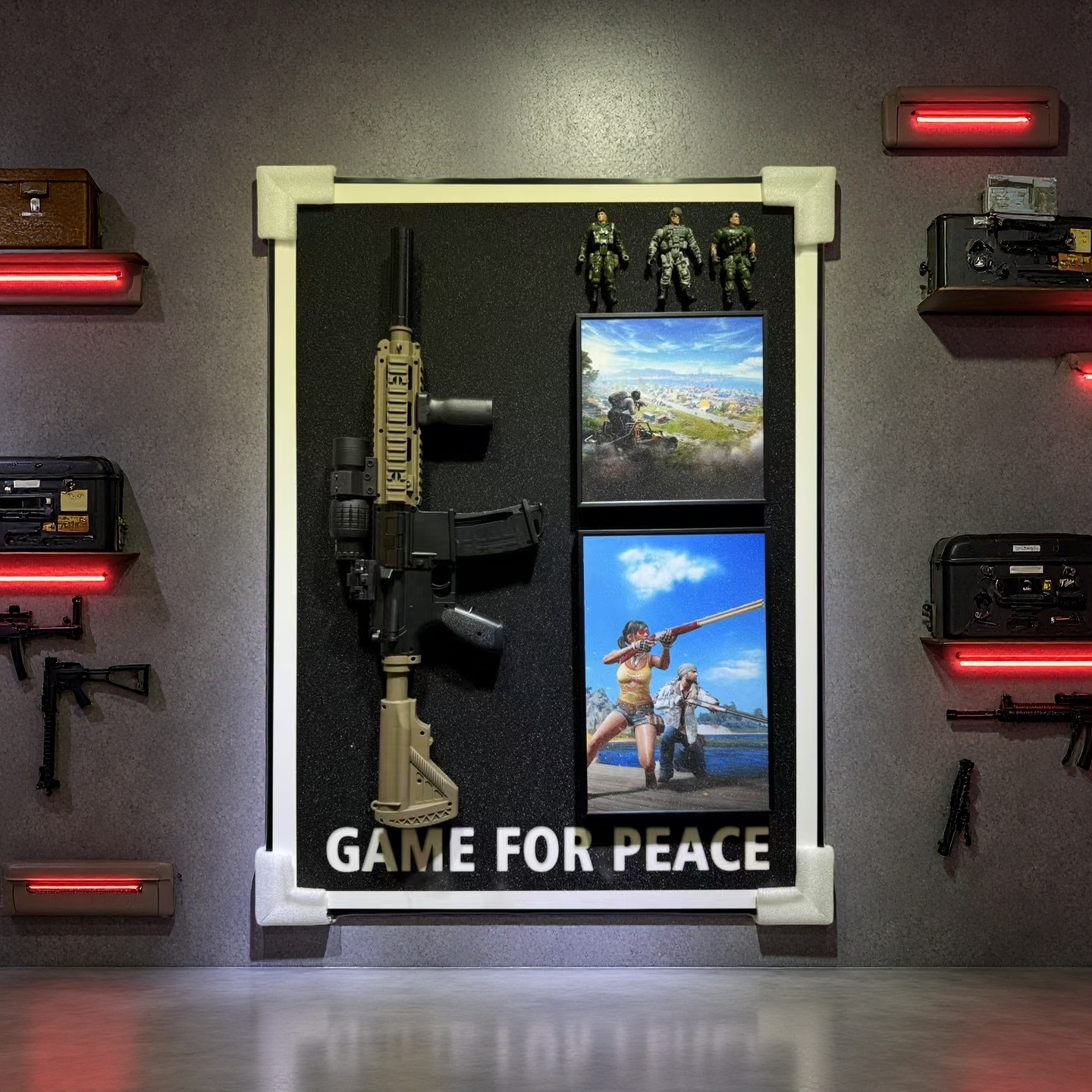 Game for Peace 3D wall art with rifle, soldier figures, and action scenes, size 50×70cm, wall-mounted display