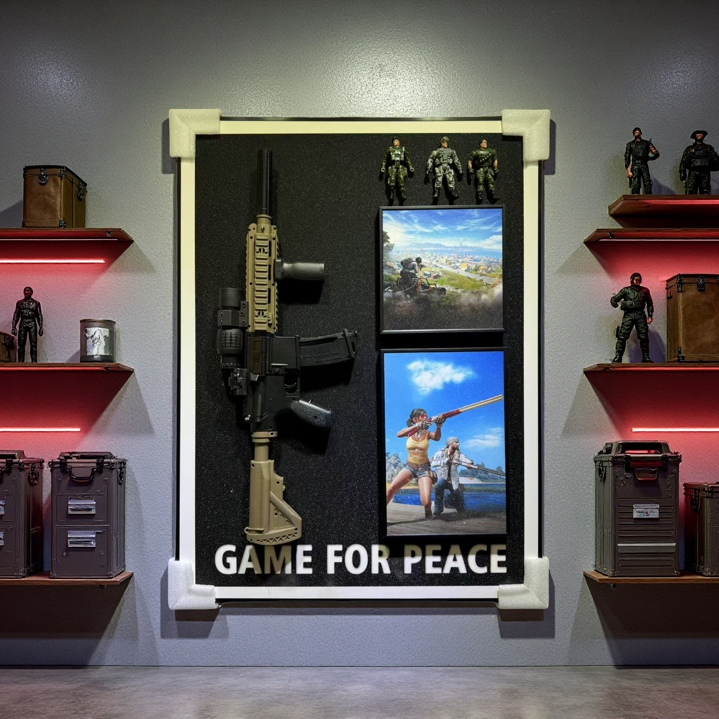 Game for Peace 3D wall art with rifle, soldier figures, and action scenes, size 50×70cm, wall-mounted display