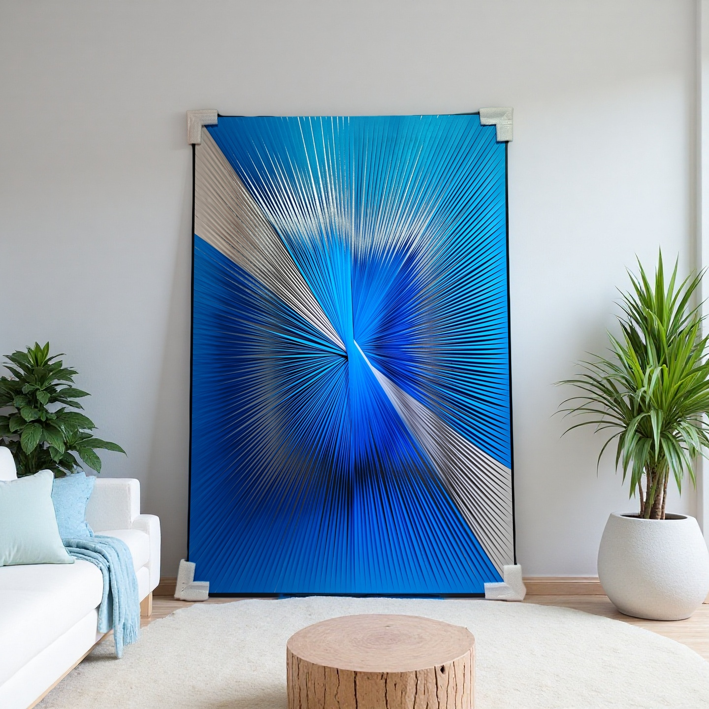 Gradient blue and white ribbon textured wall art for modern home decor 80x120cm