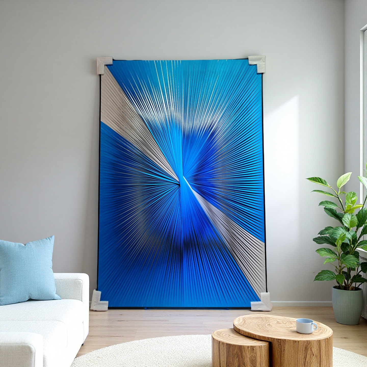 Gradient blue and white ribbon textured wall art for modern home decor 80x120cm