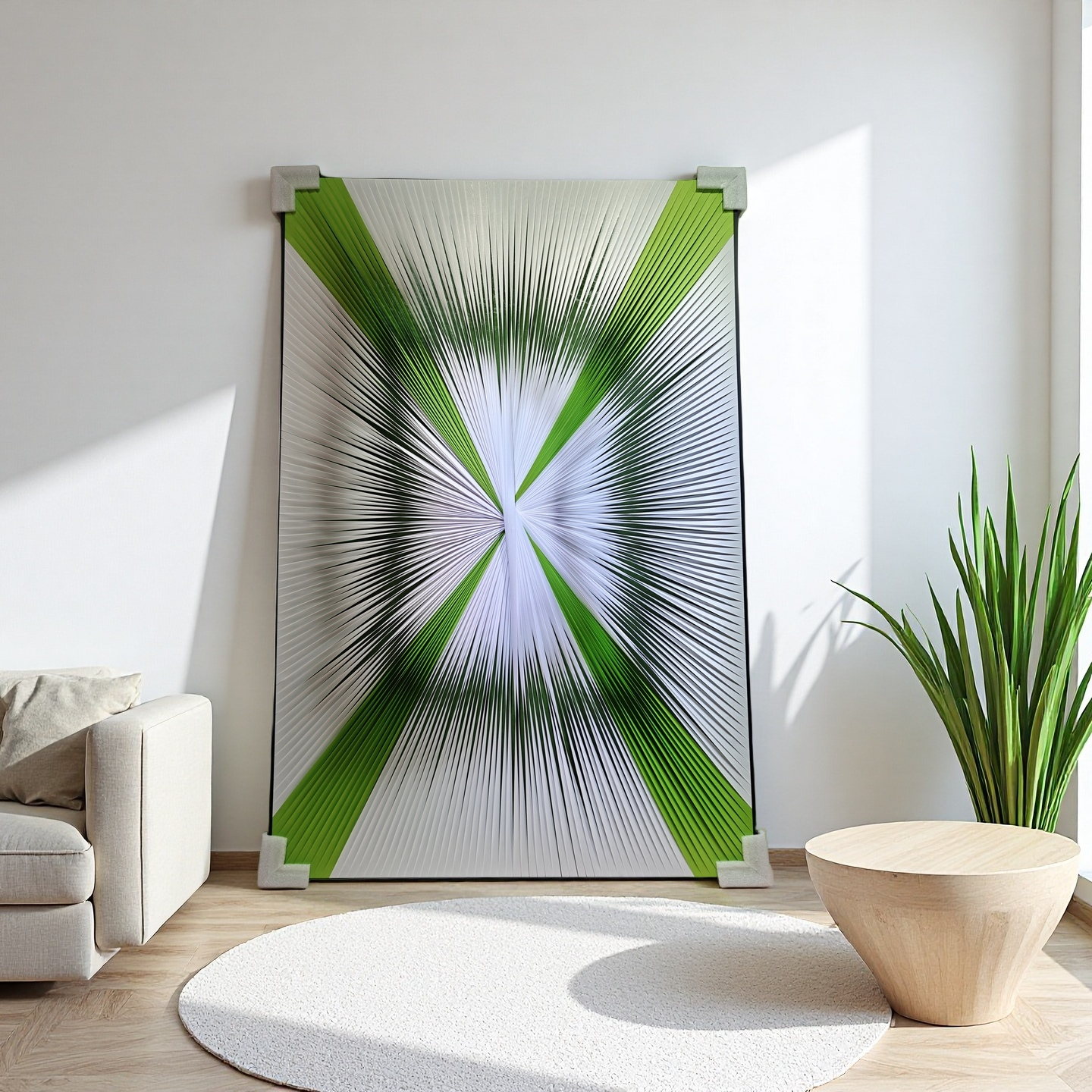 Gradient green and white ribbon textured wall art, 80x120cm canvas for modern home decor