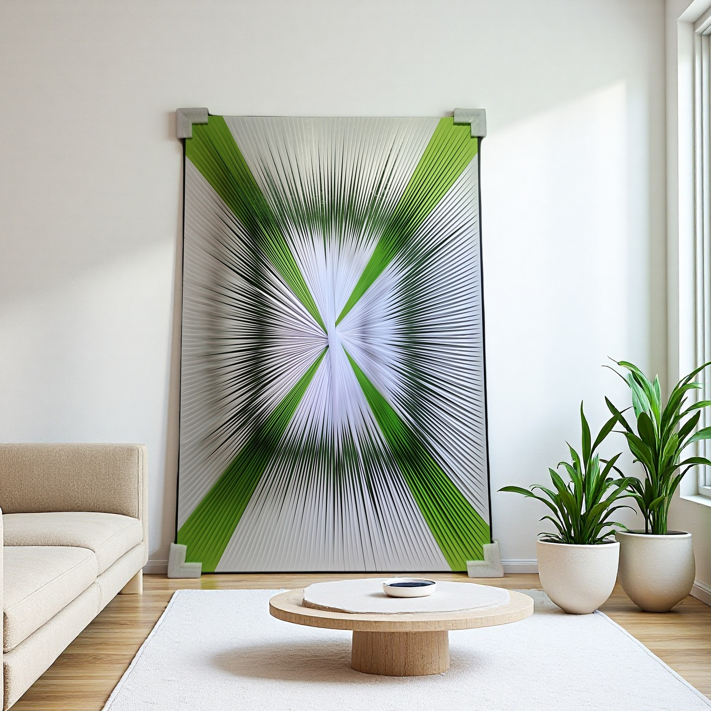 Gradient green and white ribbon textured wall art, 80x120cm canvas for modern home decor