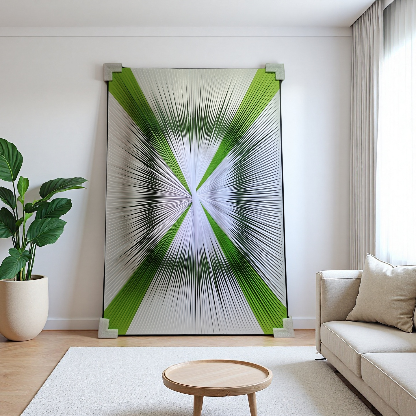 Gradient green and white ribbon textured wall art, 80x120cm canvas for modern home decor