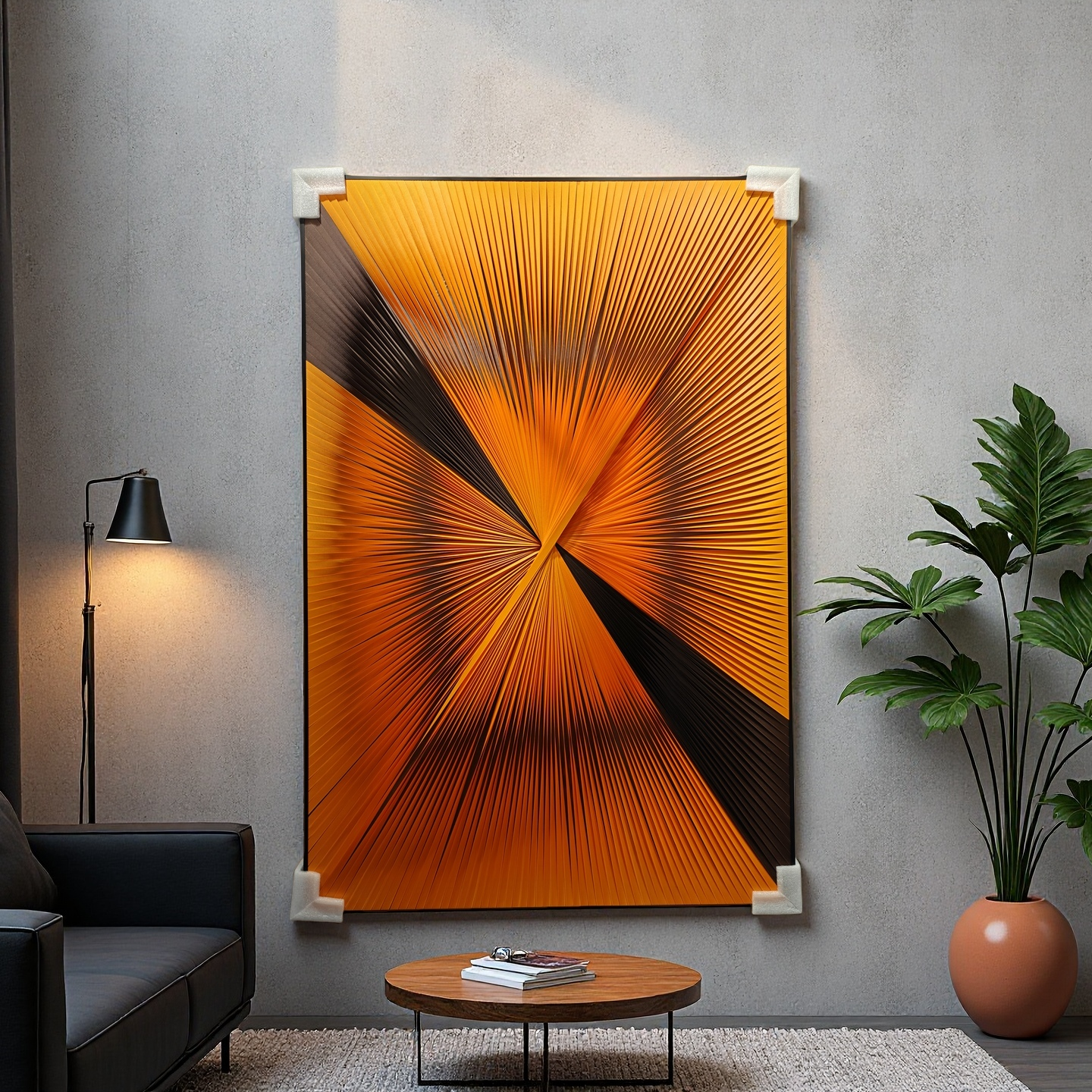 Gradient orange and black ribbon textured wall art for modern home decor 80x120cm