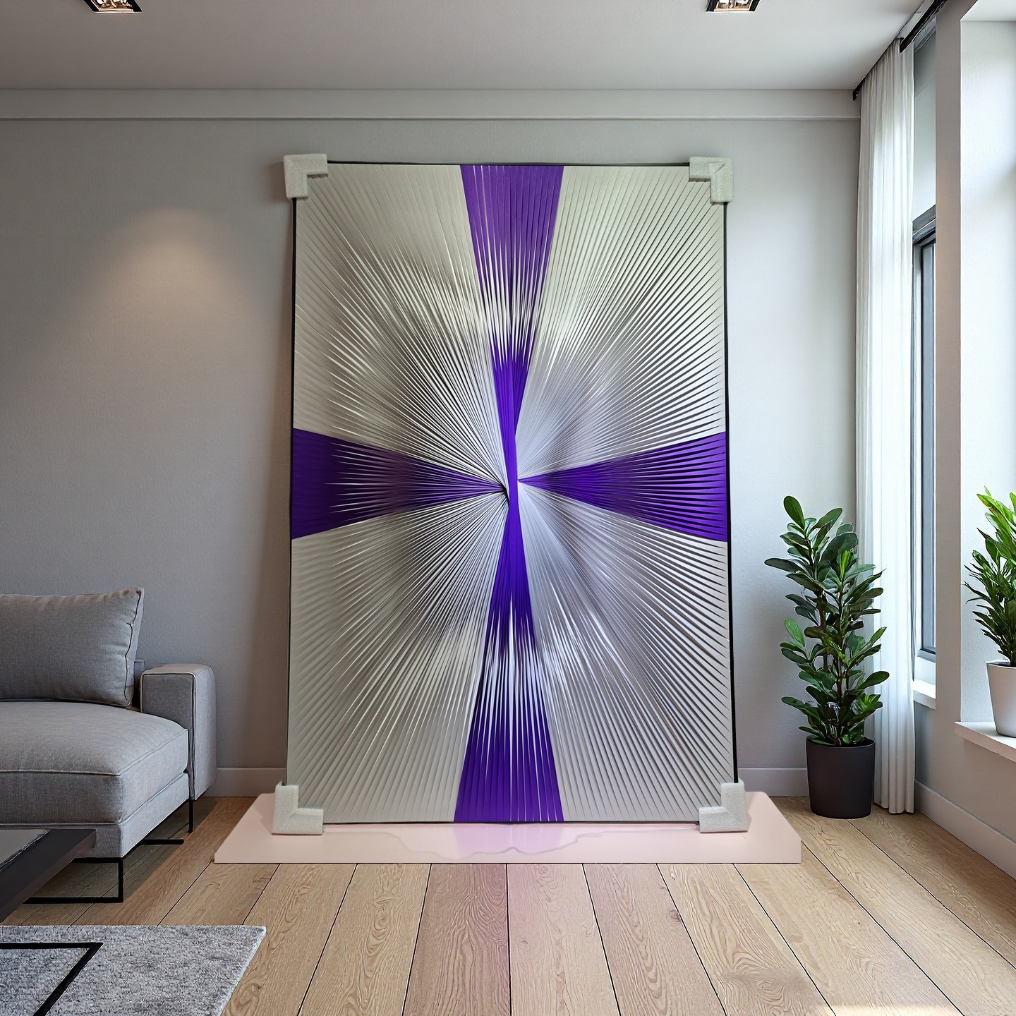 Gradient purple and silver ribbon textured wall art 80x120cm modern decor