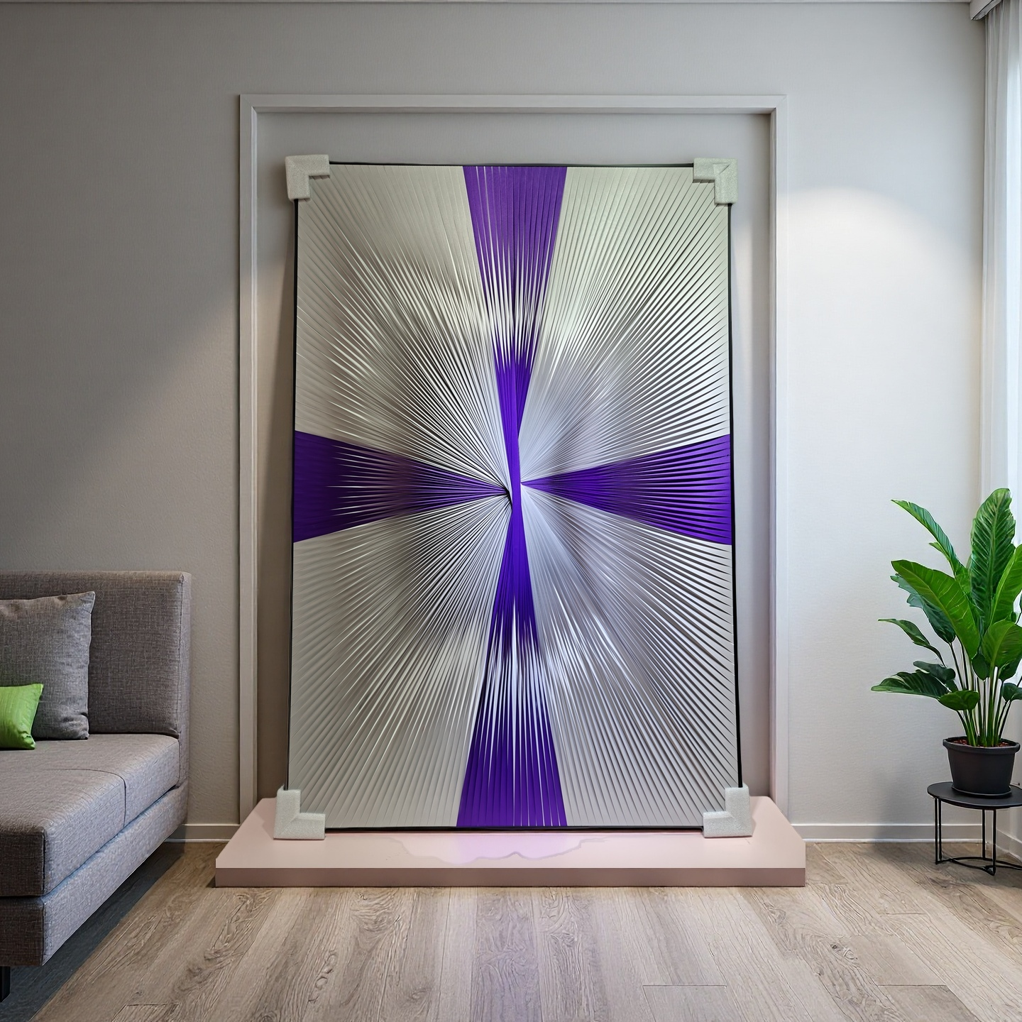 Gradient purple and silver ribbon textured wall art 80x120cm modern decor