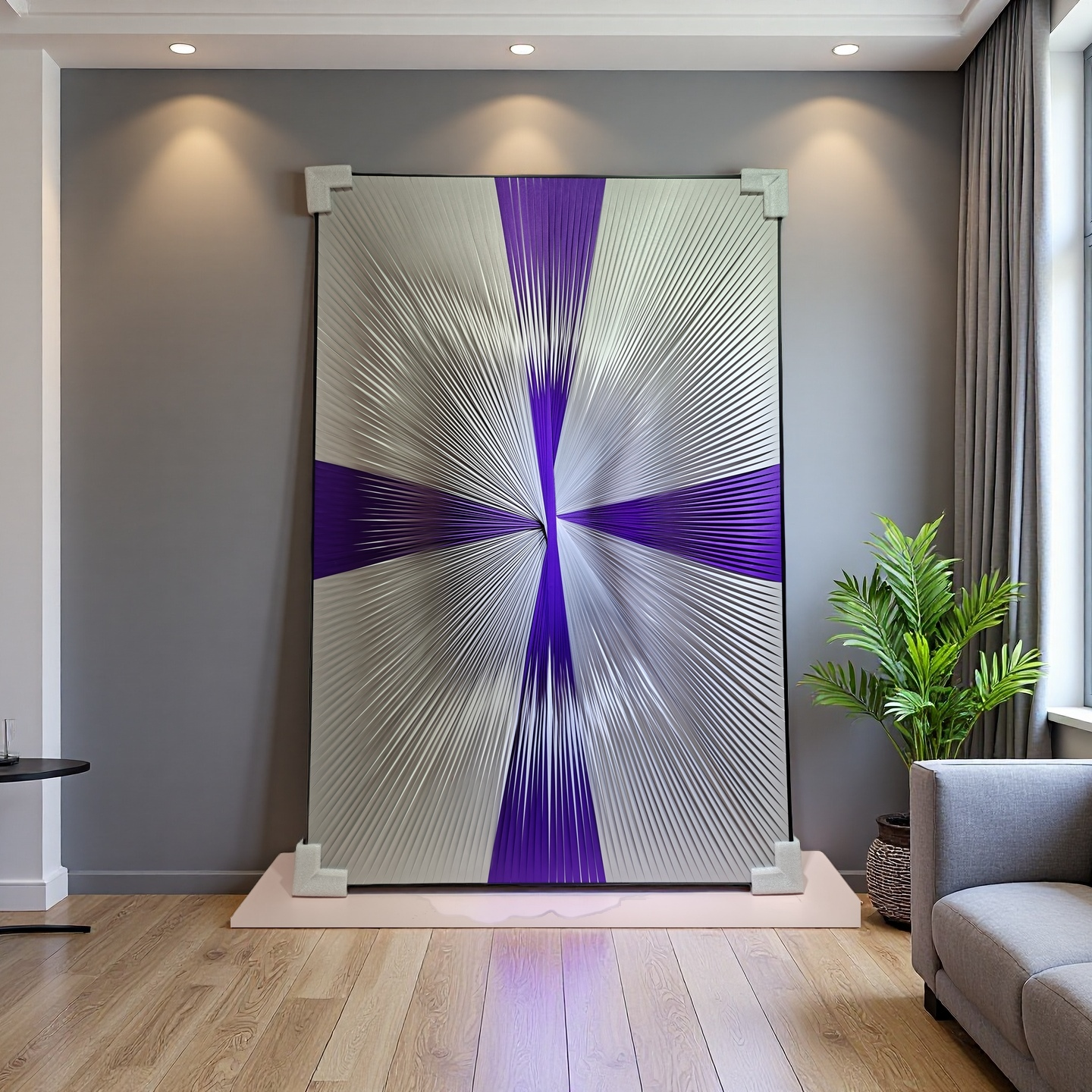Gradient purple and silver ribbon textured wall art 80x120cm modern decor