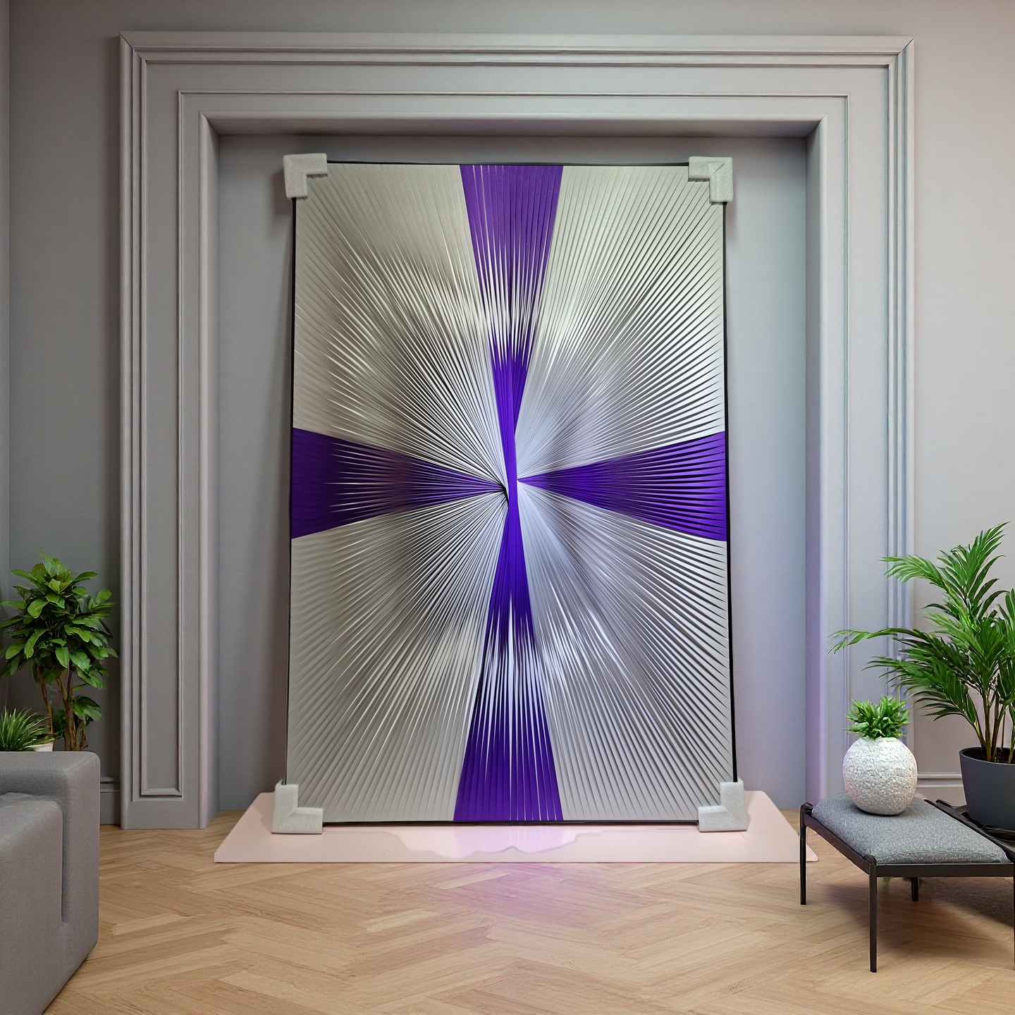 Gradient purple and silver ribbon textured wall art 80x120cm modern decor