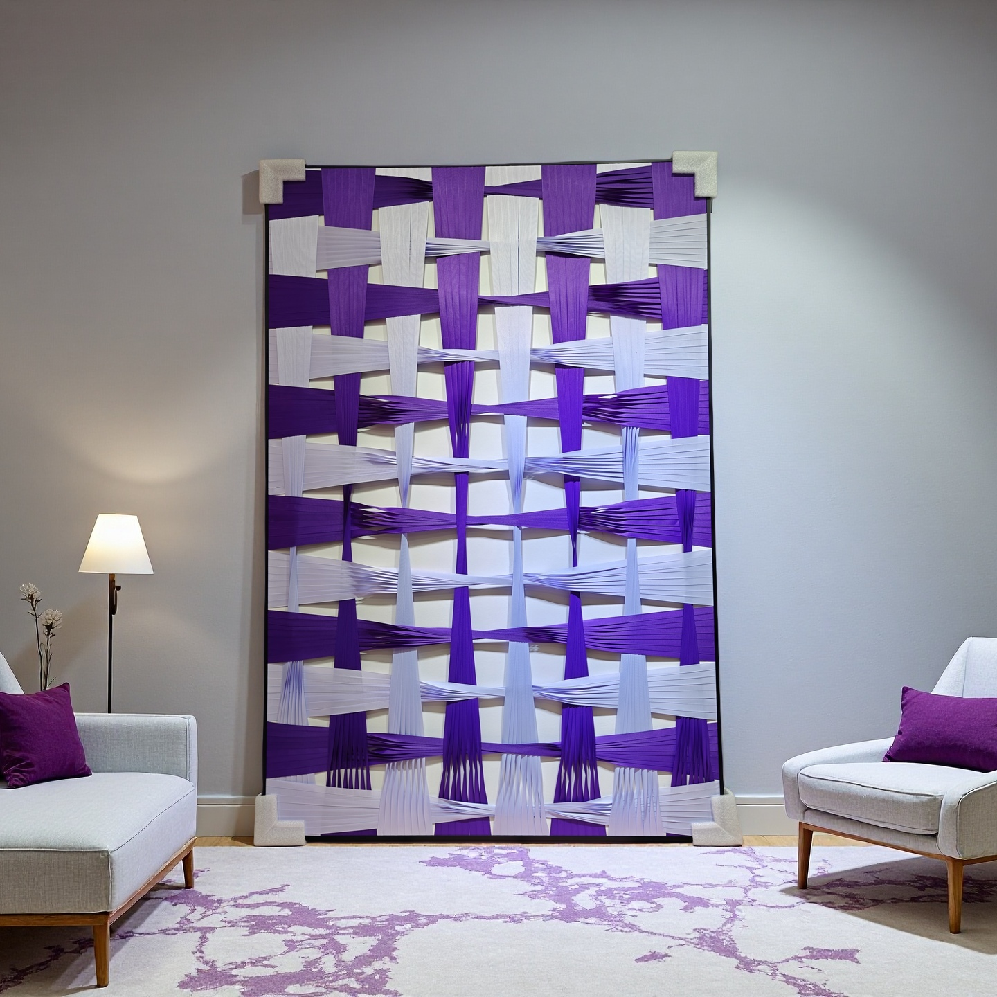 Gradient purple and white woven ribbon wall art for modern interior decor, 80x120cm
