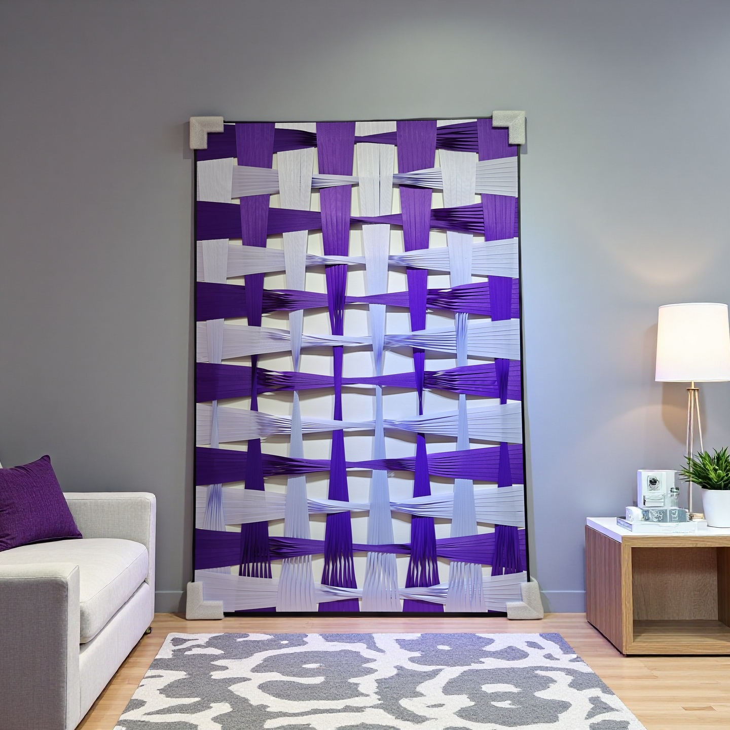 Gradient purple and white woven ribbon wall art for modern interior decor, 80x120cm