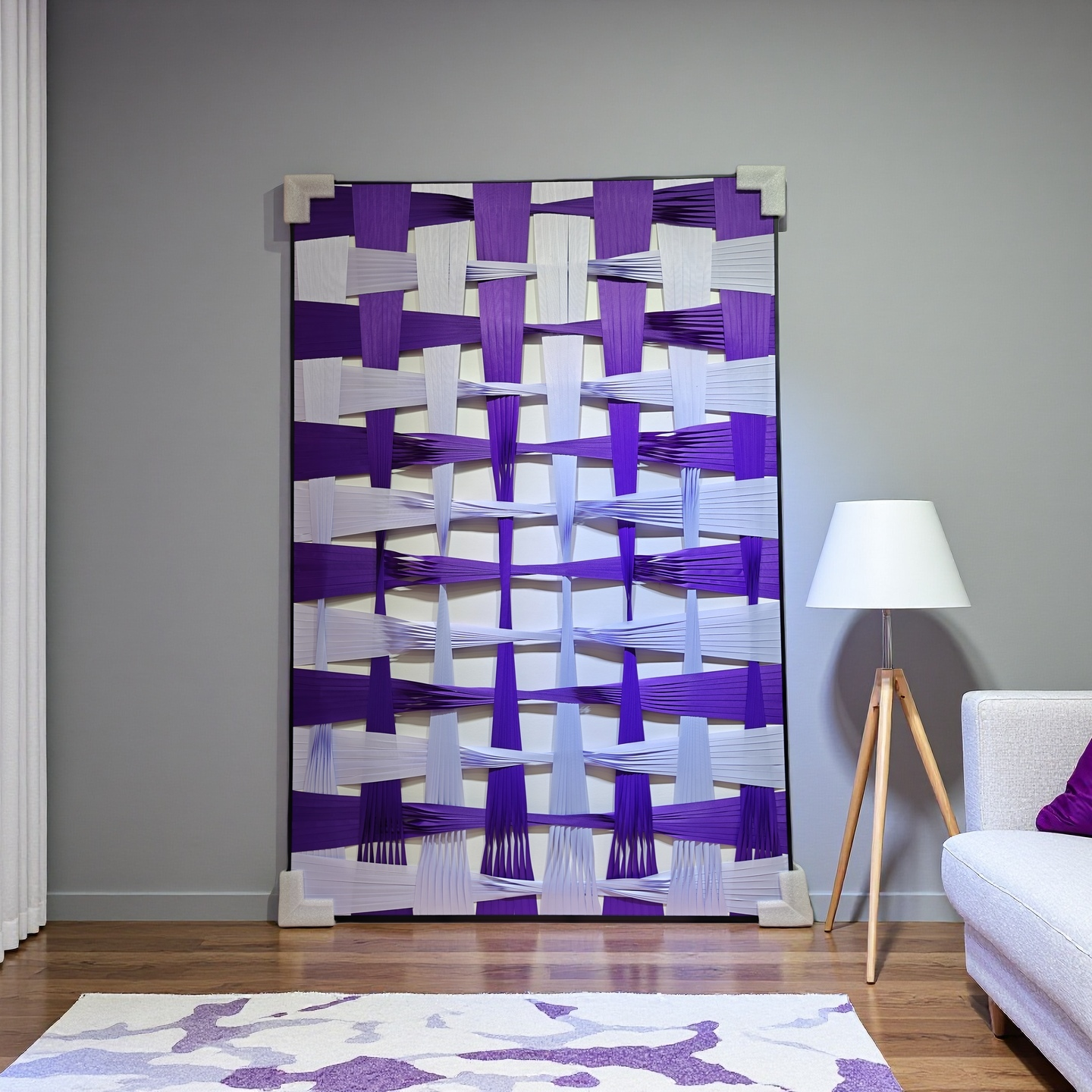 Gradient purple and white woven ribbon wall art for modern interior decor, 80x120cm