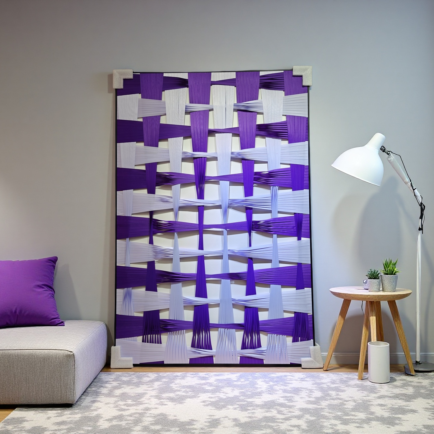 Gradient purple and white woven ribbon wall art for modern interior decor, 80x120cm