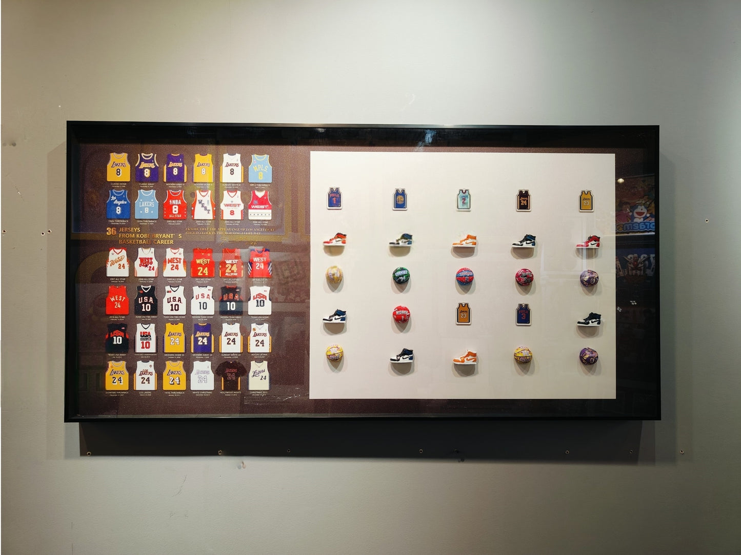 Framed 3D Kobe Bryant wall art featuring 36 jerseys, sneakers, and basketballs in a 60×120cm display.