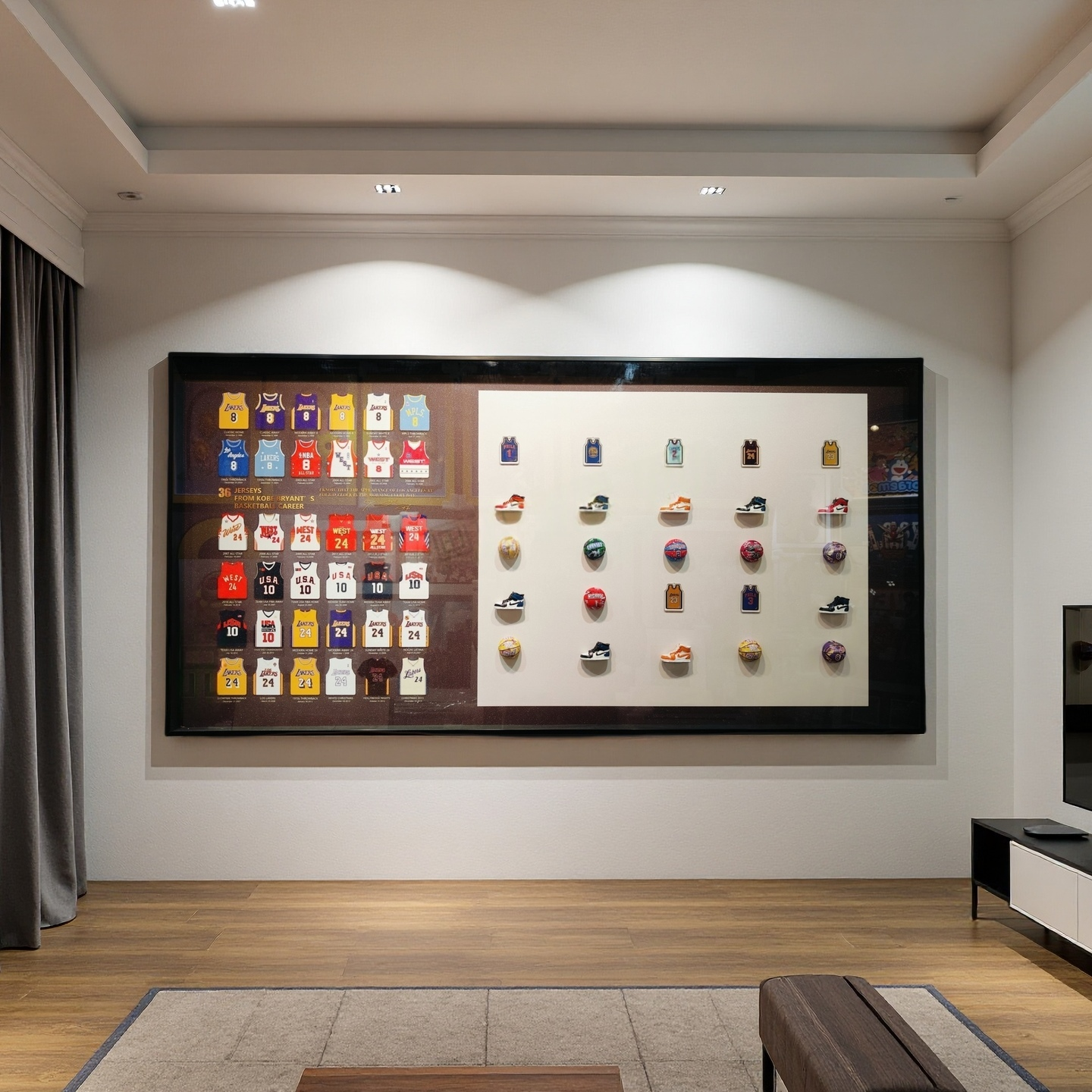 Framed 3D Kobe Bryant wall art featuring 36 jerseys, sneakers, and basketballs in a 60×120cm display.