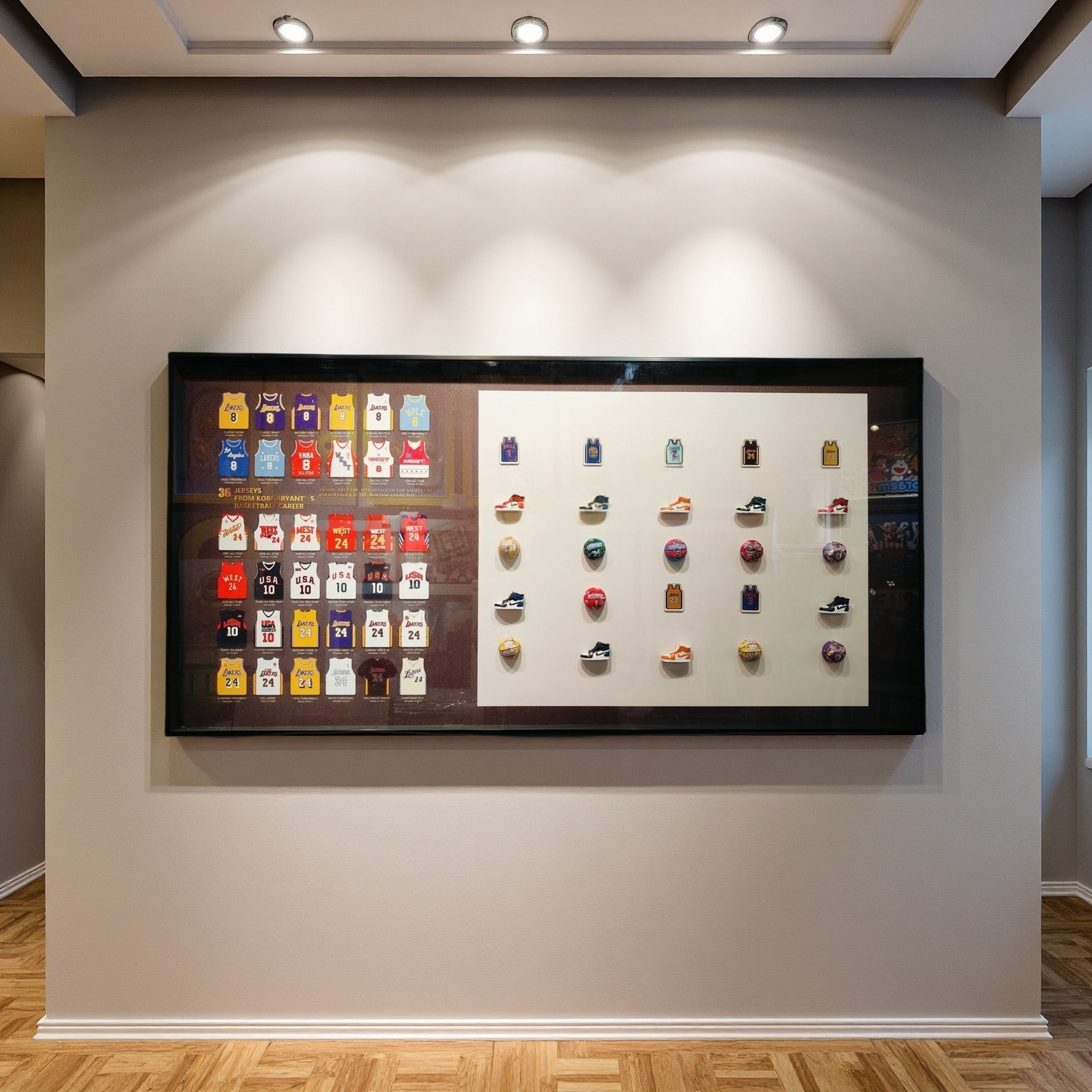 Framed 3D Kobe Bryant wall art featuring 36 jerseys, sneakers, and basketballs in a 60×120cm display.