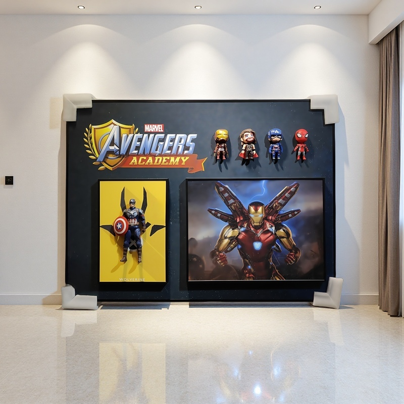 Marvel Avengers Academy 3D wall art featuring Captain America figure, Iron Man print, and chibi Marvel characters.