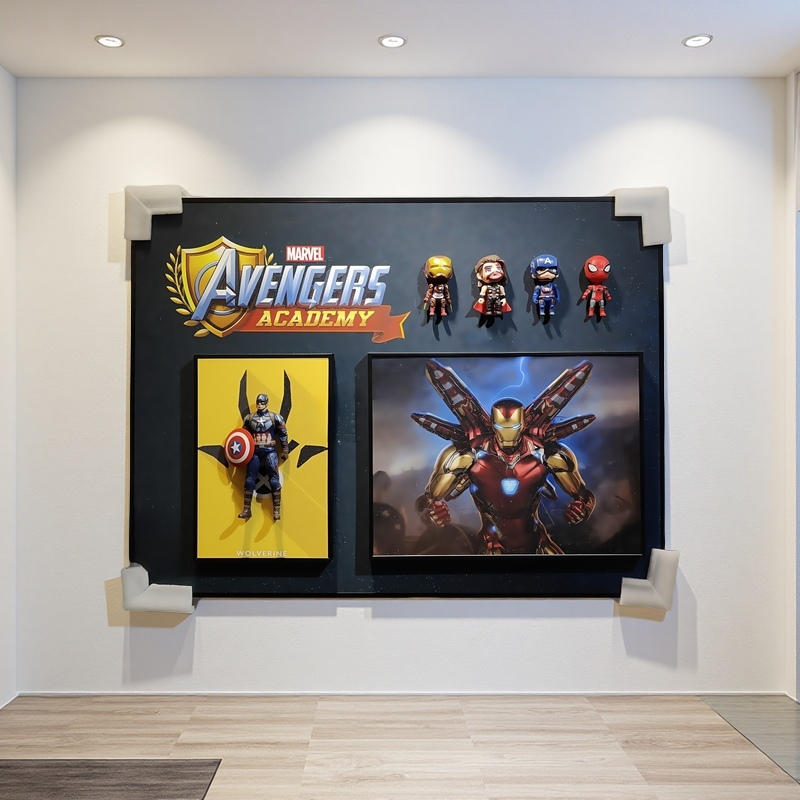 Marvel Avengers Academy 3D wall art featuring Captain America figure, Iron Man print, and chibi Marvel characters.