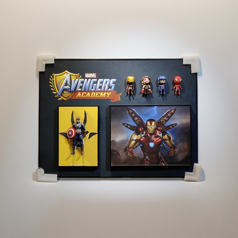 Marvel Avengers Academy 3D wall art featuring Captain America figure, Iron Man print, and chibi Marvel characters.