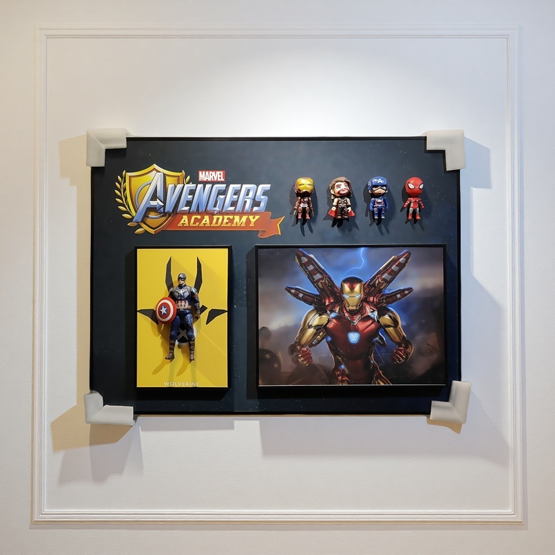 Marvel Avengers Academy 3D wall art featuring Captain America figure, Iron Man print, and chibi Marvel characters.