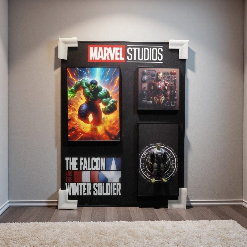 Marvel Studios 3D wall art featuring Hulk, Iron Man tech poster, and Hulk figurine inside a mystical ring. The Falcon and the Winter Soldier logo included.