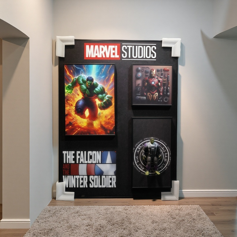 Marvel Studios 3D wall art featuring Hulk, Iron Man tech poster, and Hulk figurine inside a mystical ring. The Falcon and the Winter Soldier logo included.
