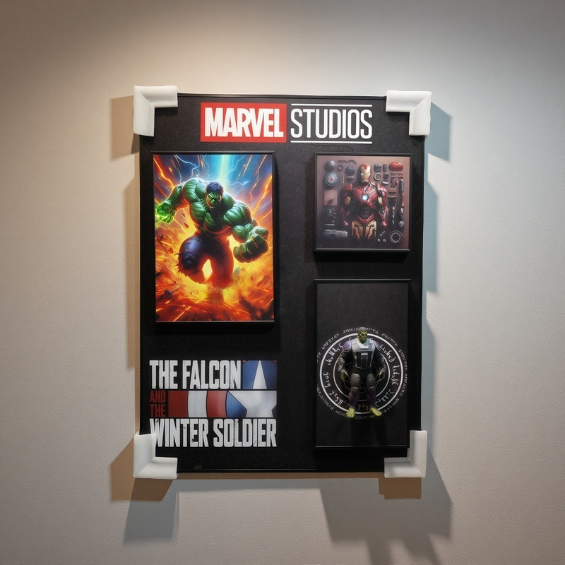 Marvel Studios 3D wall art featuring Hulk, Iron Man tech poster, and Hulk figurine inside a mystical ring. The Falcon and the Winter Soldier logo included.