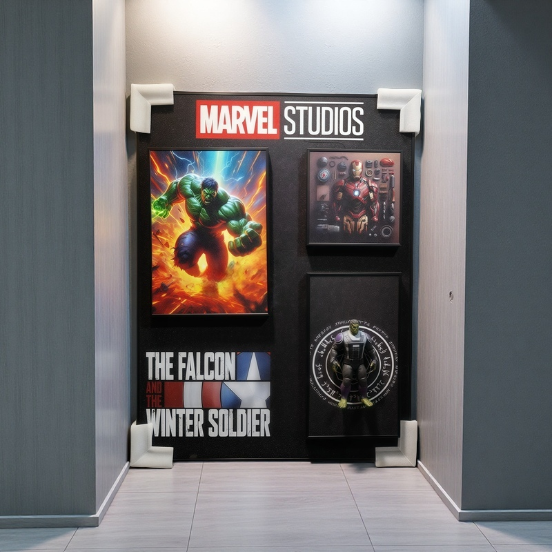 Marvel Studios 3D wall art featuring Hulk, Iron Man tech poster, and Hulk figurine inside a mystical ring. The Falcon and the Winter Soldier logo included.