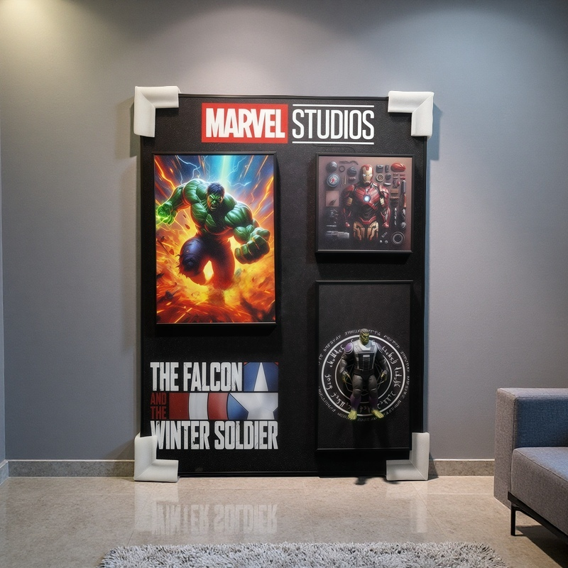 Marvel Studios 3D wall art featuring Hulk, Iron Man tech poster, and Hulk figurine inside a mystical ring. The Falcon and the Winter Soldier logo included.