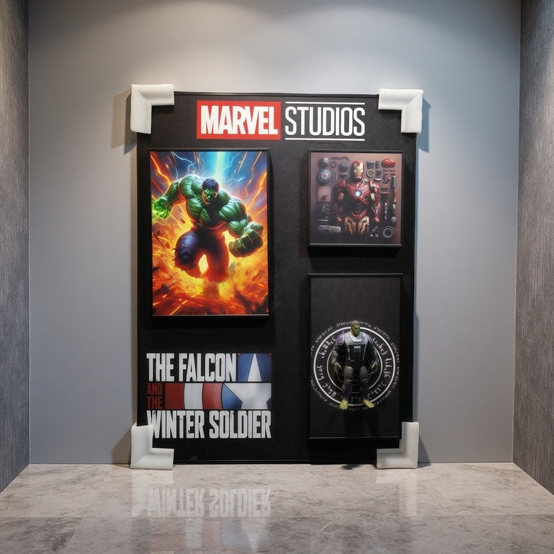 Marvel Studios 3D wall art featuring Hulk, Iron Man tech poster, and Hulk figurine inside a mystical ring. The Falcon and the Winter Soldier logo included.