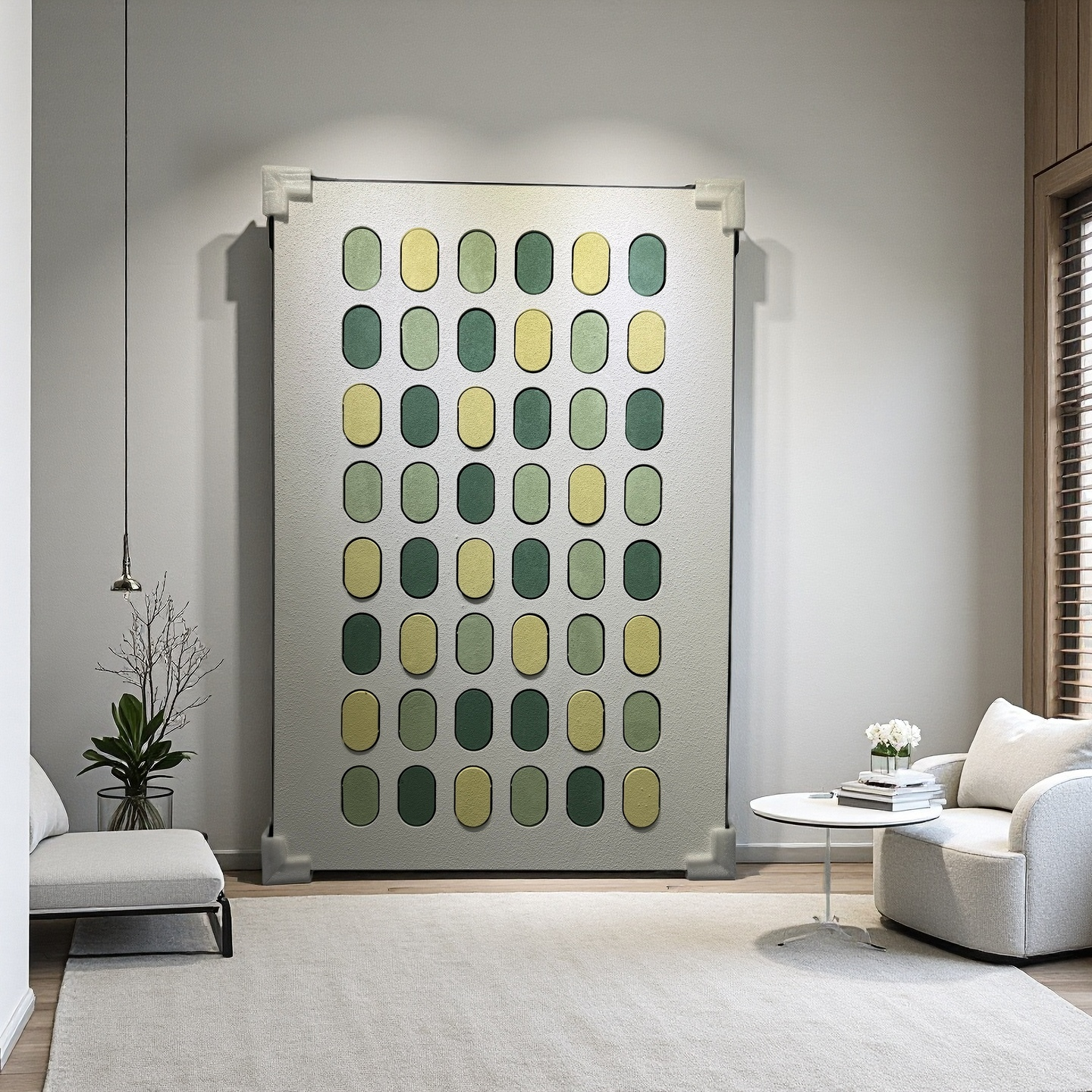 Modern minimalist 80×120cm geometric wall art with green and yellow ovals, wall-mounted display