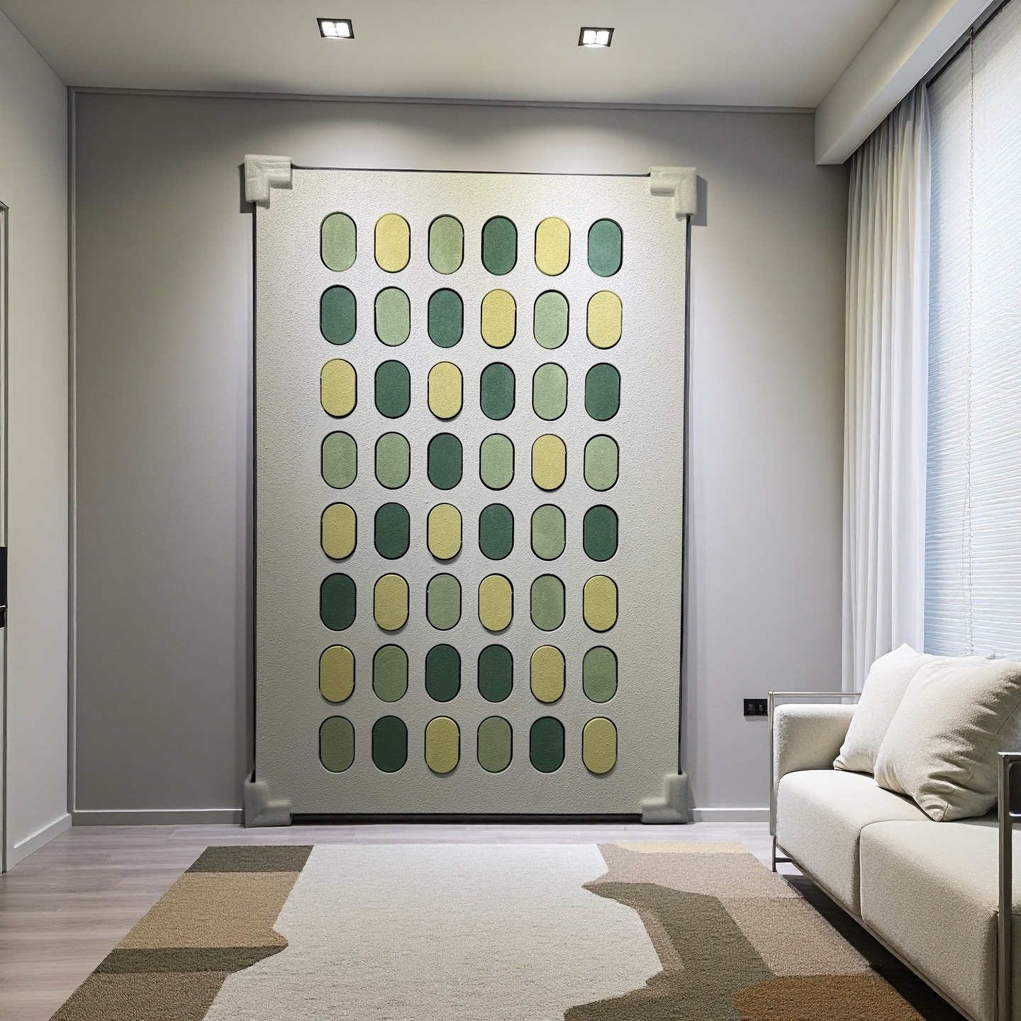 Modern minimalist 80×120cm geometric wall art with green and yellow ovals, wall-mounted display