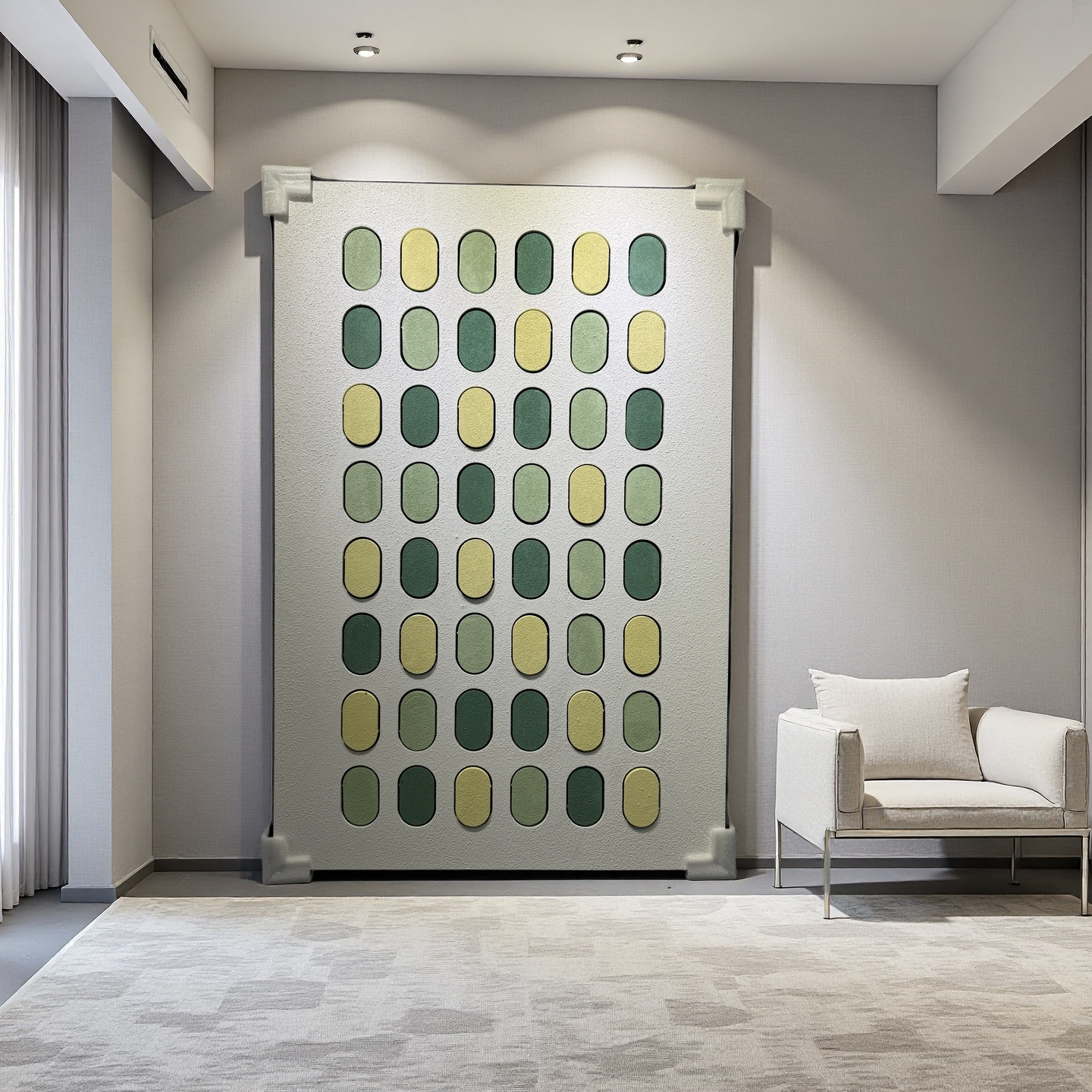 Modern minimalist 80×120cm geometric wall art with green and yellow ovals, wall-mounted display