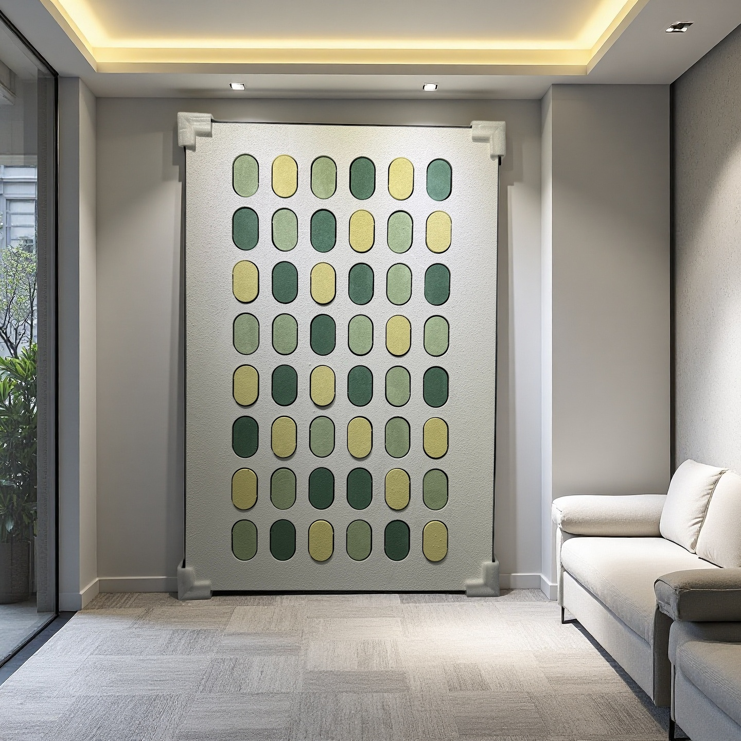 Modern minimalist 80×120cm geometric wall art with green and yellow ovals, wall-mounted display